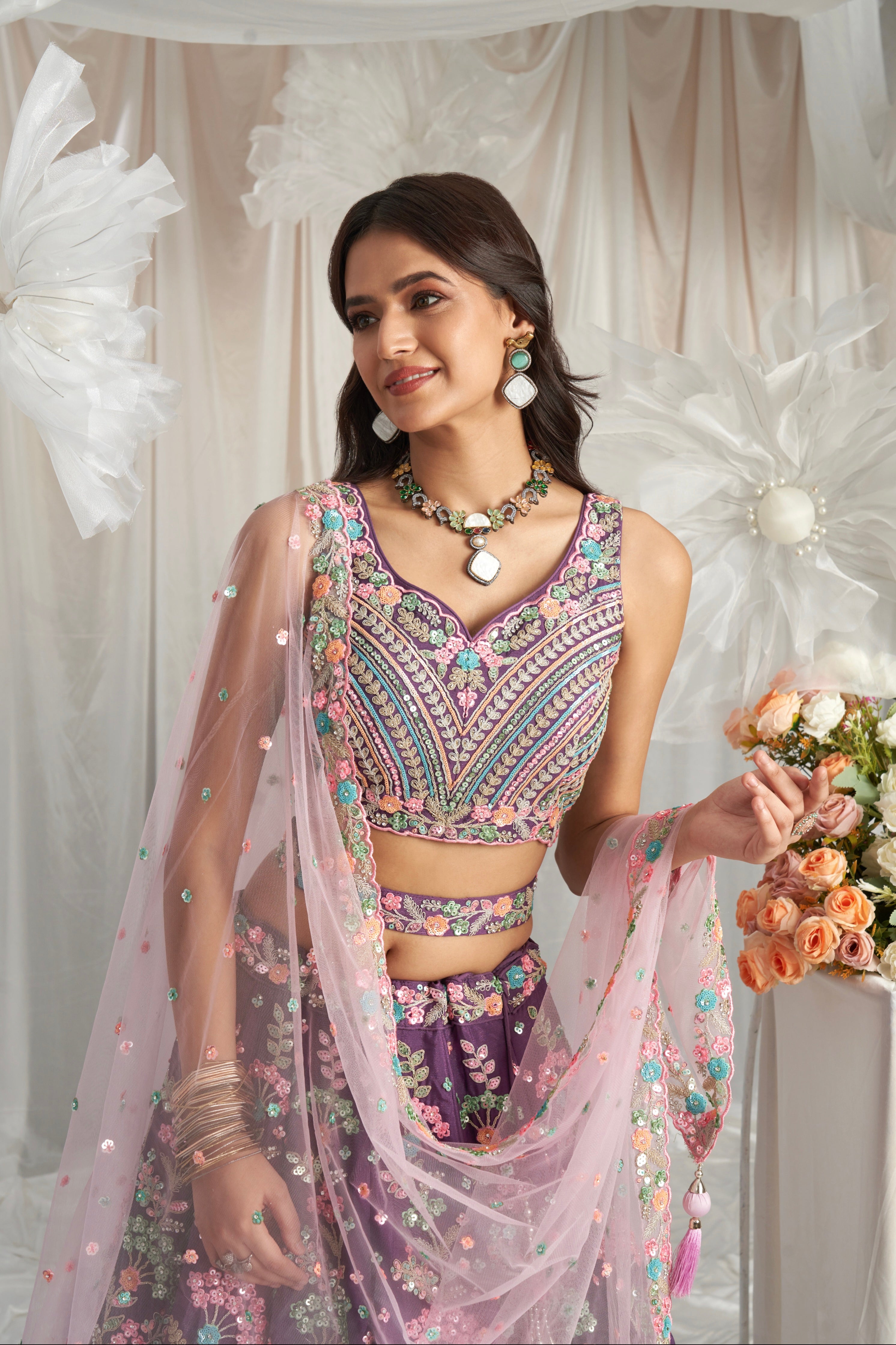 Purple Georgette Lehenga with Multi-Color Sequins &amp; Zarkan Embroidery