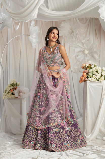 Purple Georgette Lehenga with Multi-Color Sequins &amp; Zarkan Embroidery