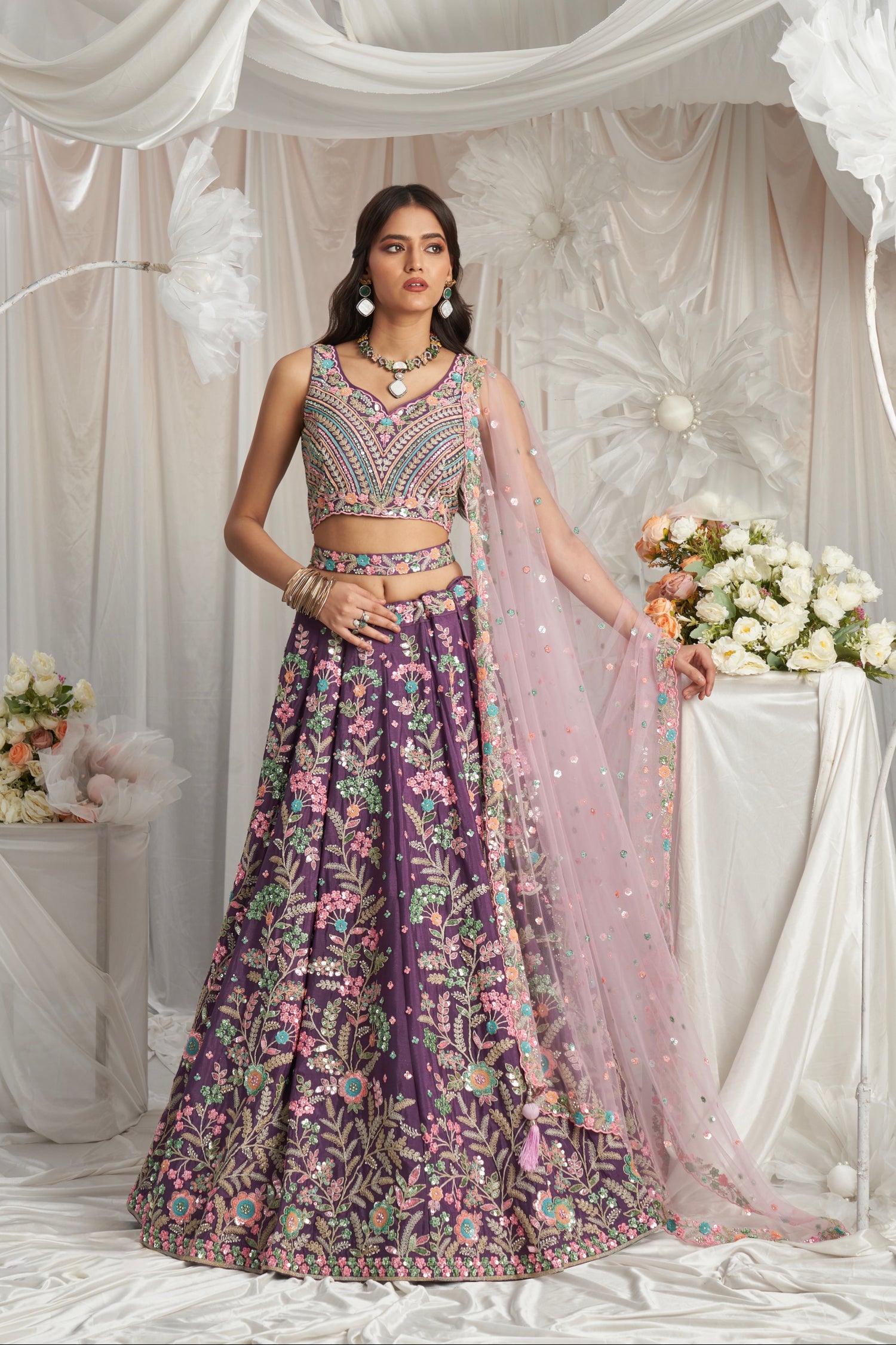 Purple Georgette Lehenga with Multi-Color Sequins &amp; Zarkan Embroidery