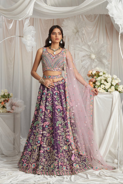 Purple Georgette Lehenga with Multi-Color Sequins &amp; Zarkan Embroidery