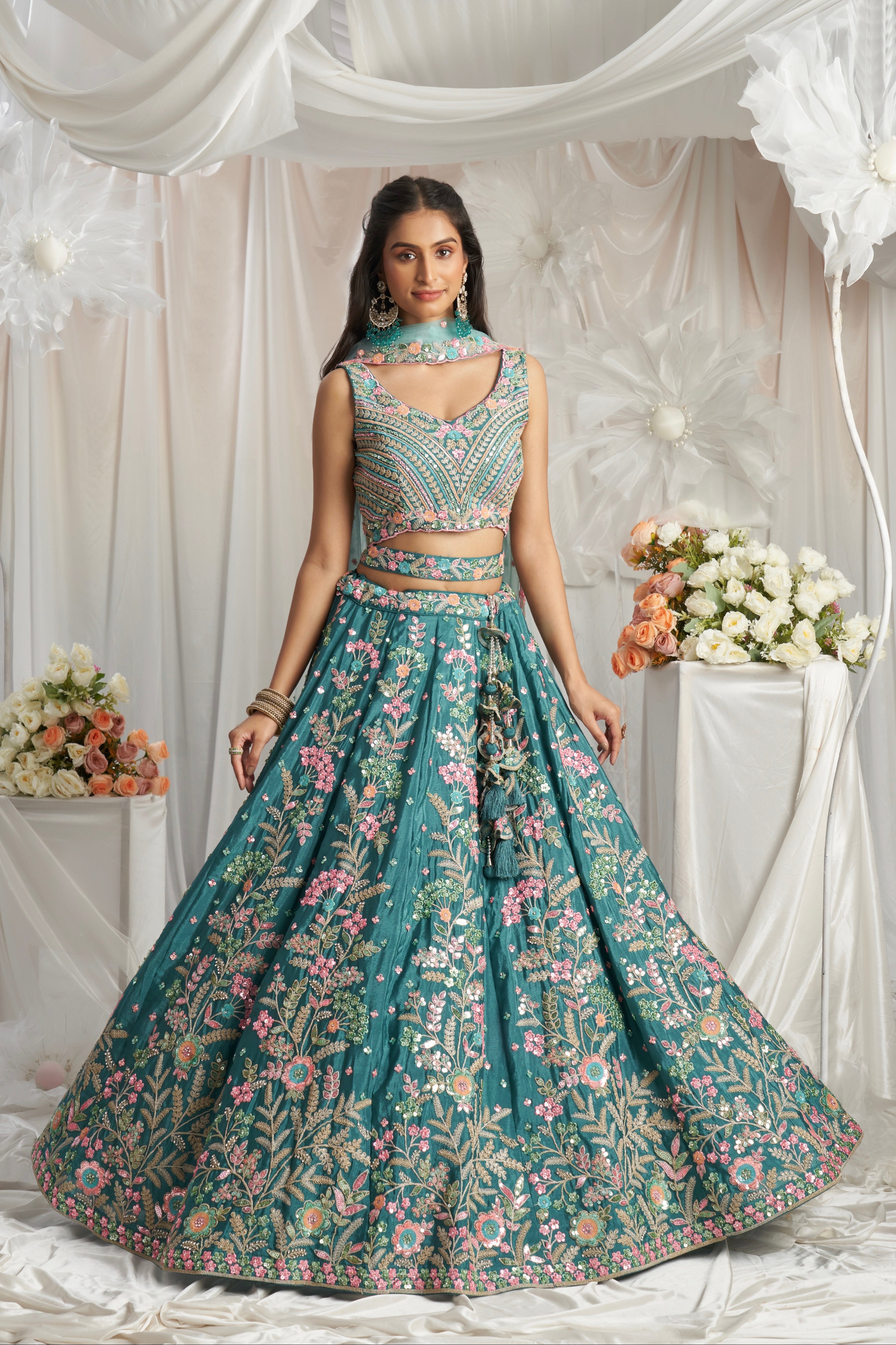 Teal Georgette Lehenga with Multi-Color Sequins &amp; Zarkan Embroidery