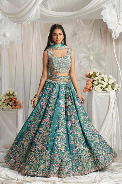 Teal Georgette Lehenga with Multi-Color Sequins &amp; Zarkan Embroidery