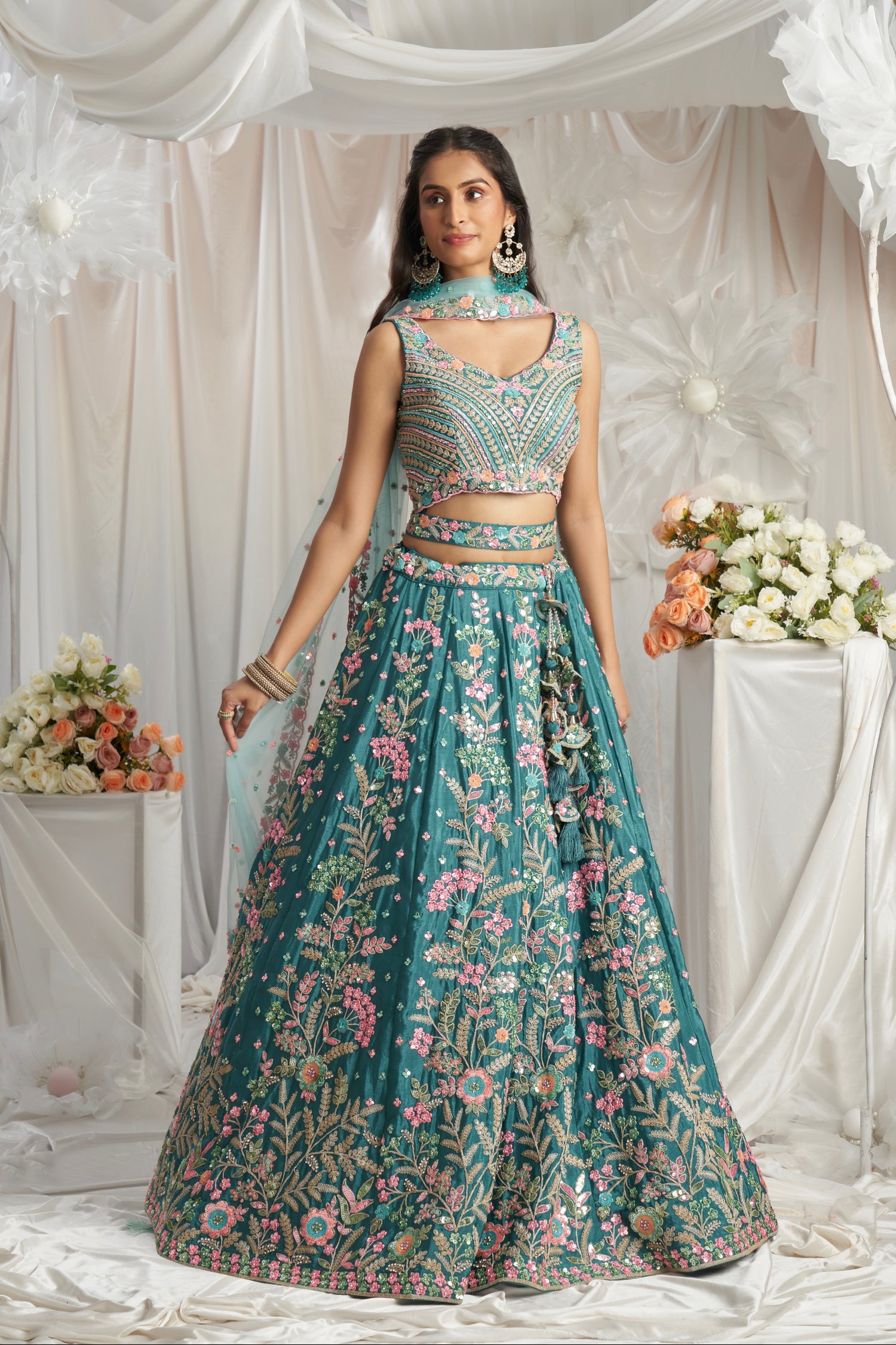 Teal Georgette Lehenga with Multi-Color Sequins &amp; Zarkan Embroidery