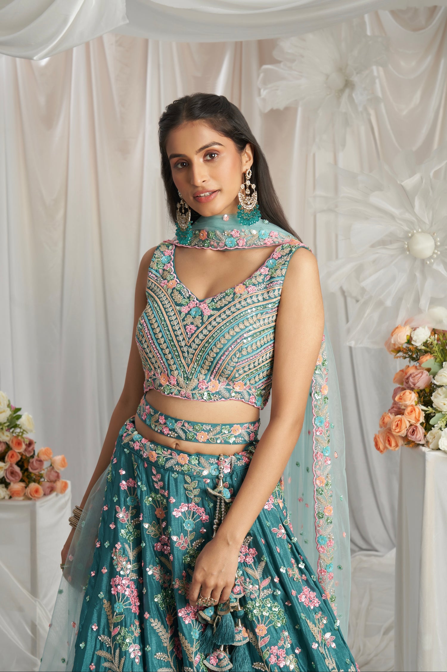 Teal Georgette Lehenga with Multi-Color Sequins &amp; Zarkan Embroidery