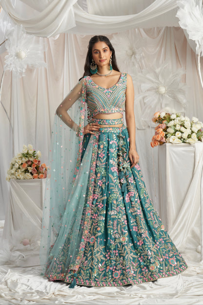 Teal Georgette Lehenga with Multi-Color Sequins &amp; Zarkan Embroidery