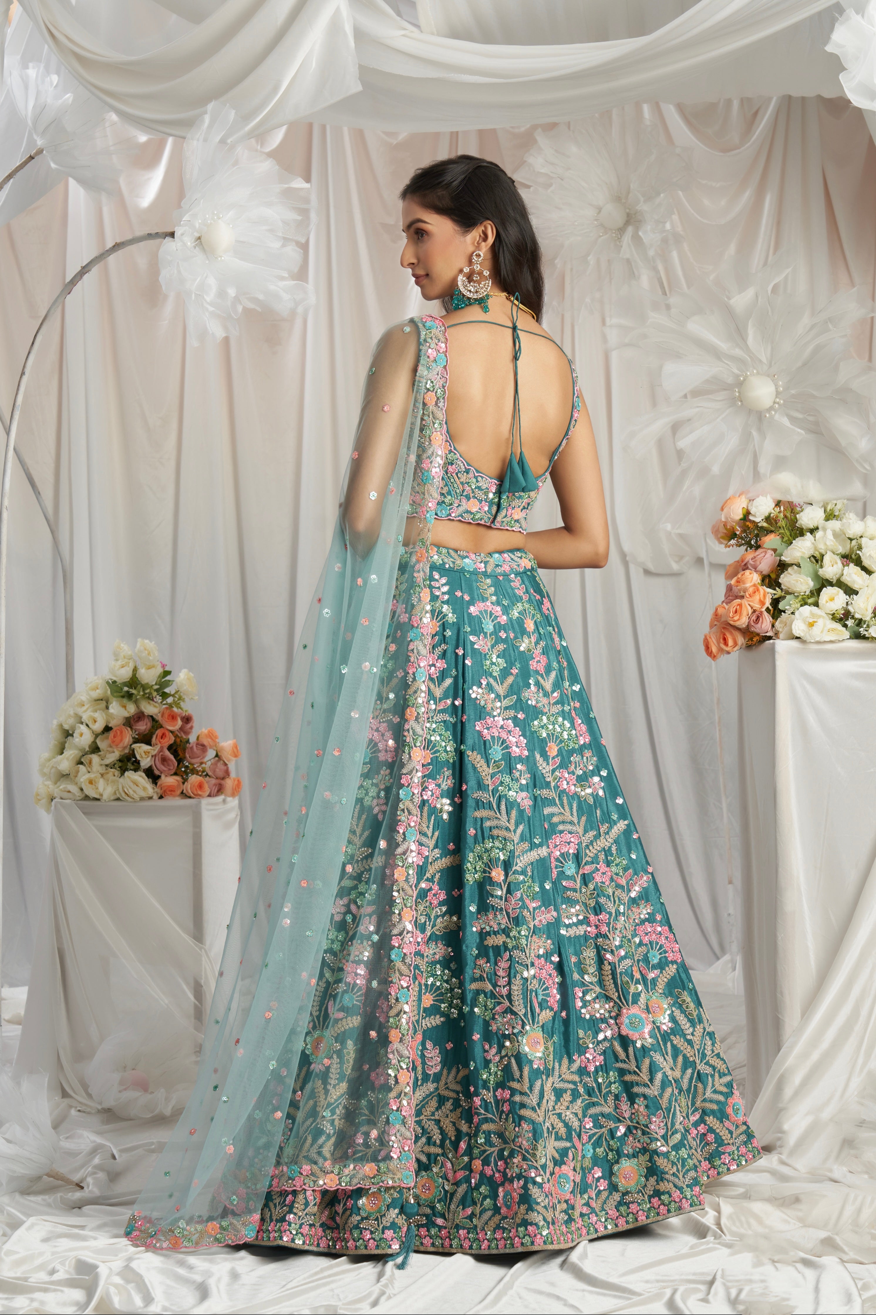 Teal Georgette Lehenga with Multi-Color Sequins &amp; Zarkan Embroidery