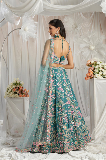 Teal Georgette Lehenga with Multi-Color Sequins &amp; Zarkan Embroidery