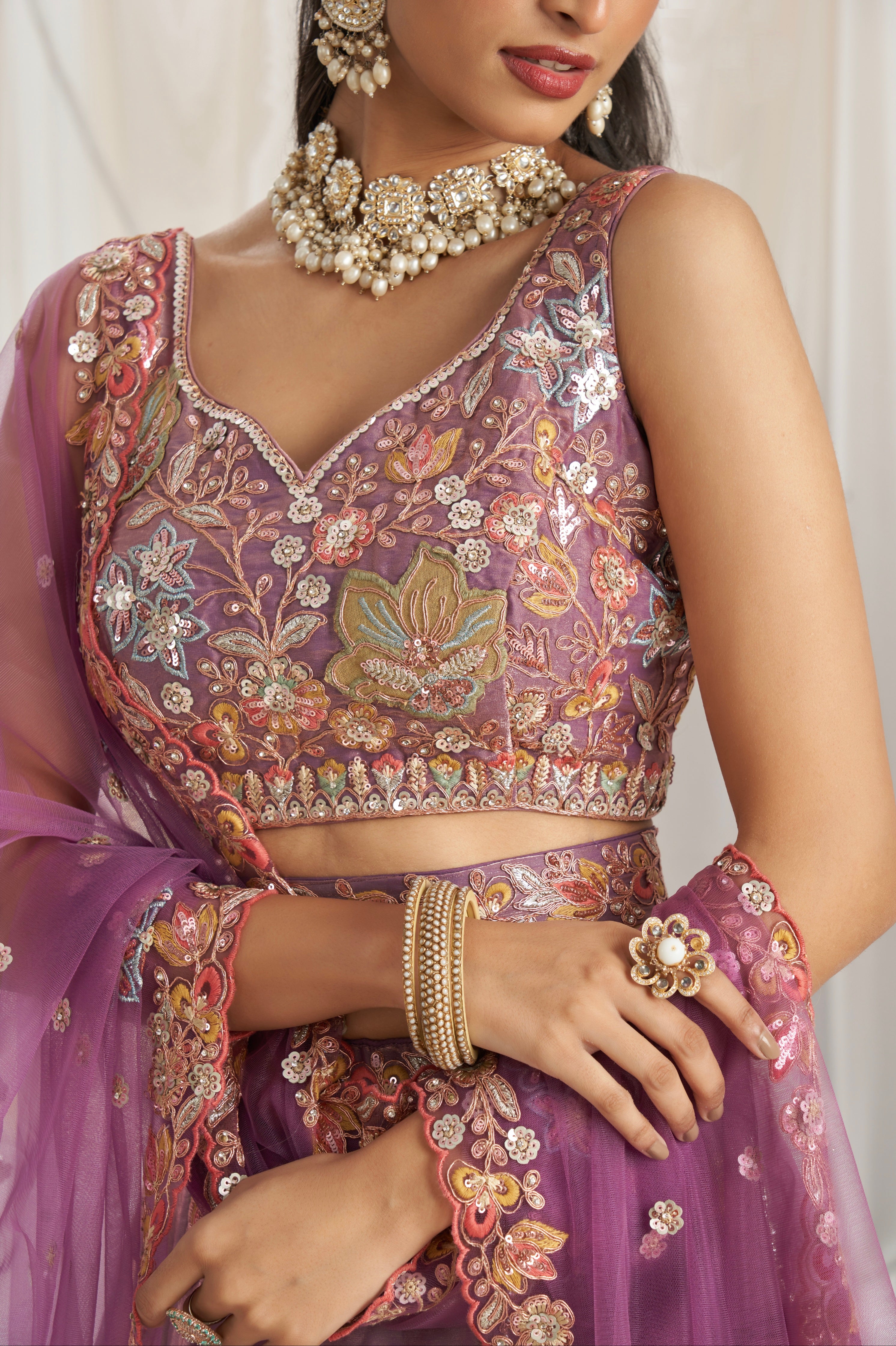 Lavender Organza Lehenga with Multi-Color Sequins &amp; Zarkan Embroidery