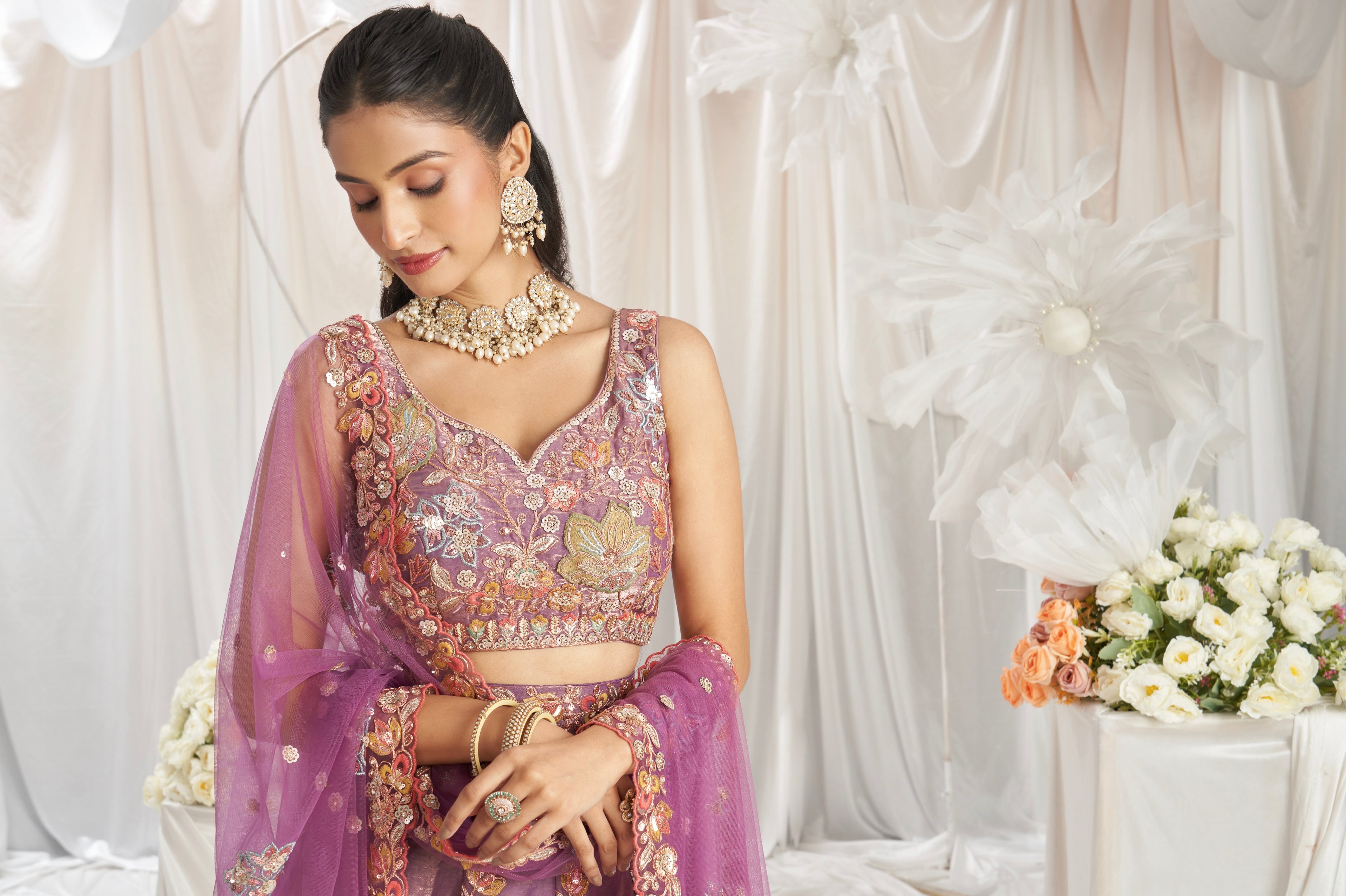 Lavender Organza Lehenga with Multi-Color Sequins &amp; Zarkan Embroidery