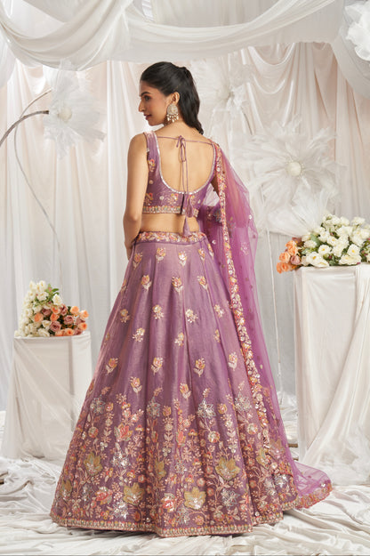 Lavender Organza Lehenga with Multi-Color Sequins &amp; Zarkan Embroidery