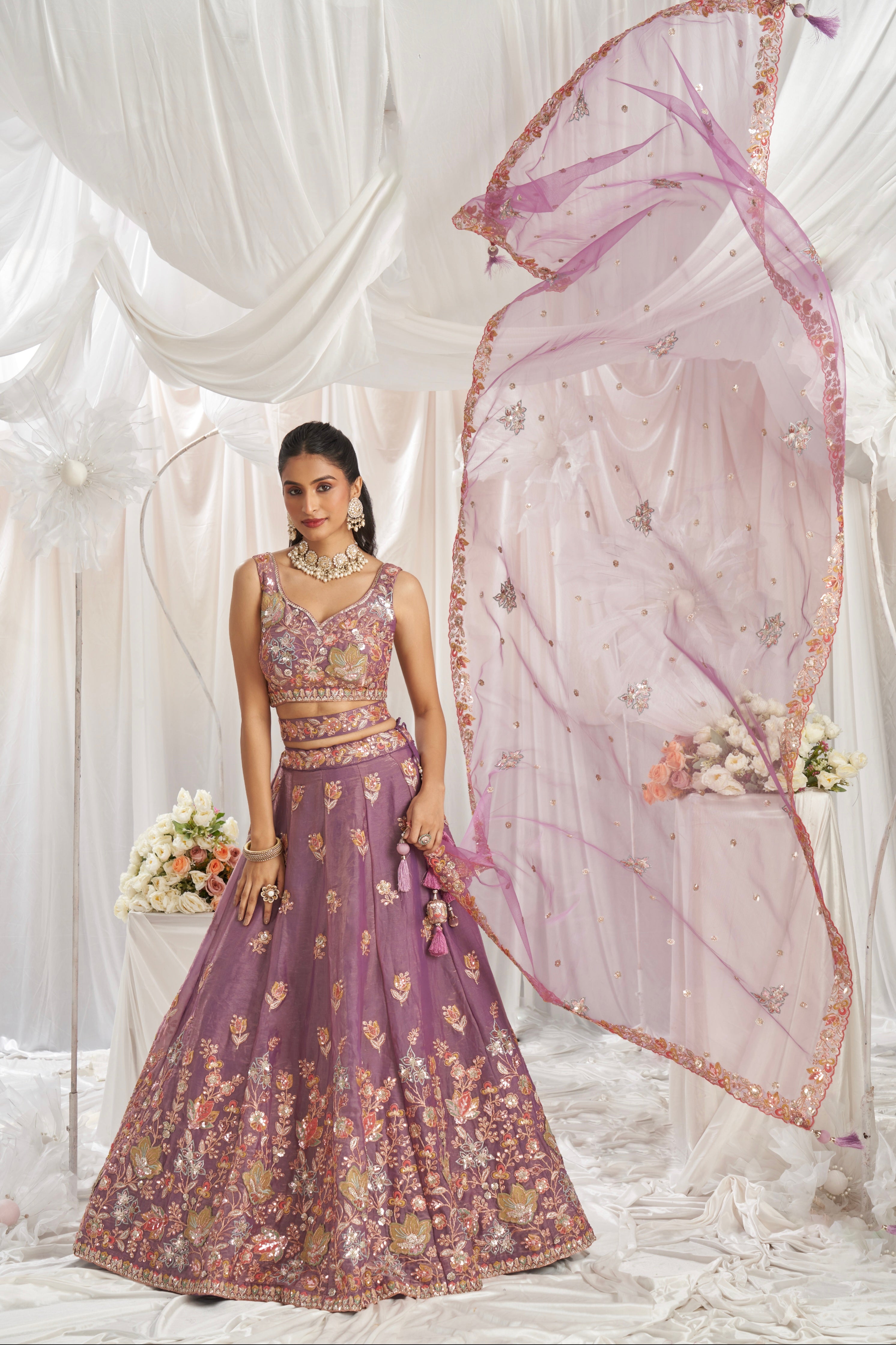 Lavender Organza Lehenga with Multi-Color Sequins &amp; Zarkan Embroidery