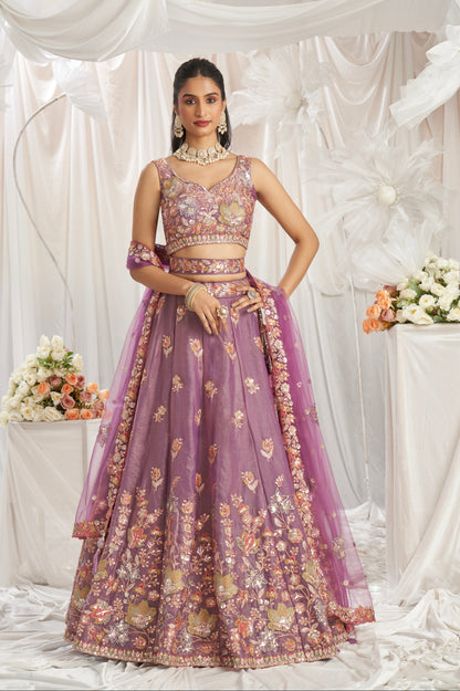 Lavender Organza Lehenga with Multi-Color Sequins &amp; Zarkan Embroidery