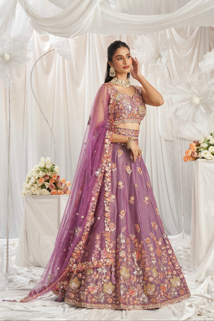 Lavender Organza Lehenga with Multi-Color Sequins &amp; Zarkan Embroidery