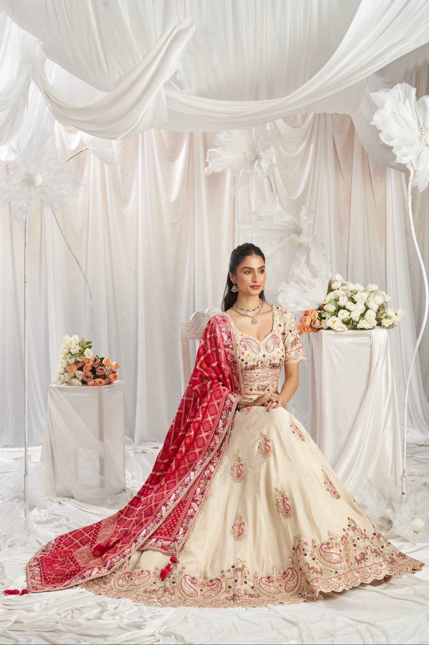 Cream Golden Tissue Lehenga with Gotapatti &amp; Sequins Embroidery