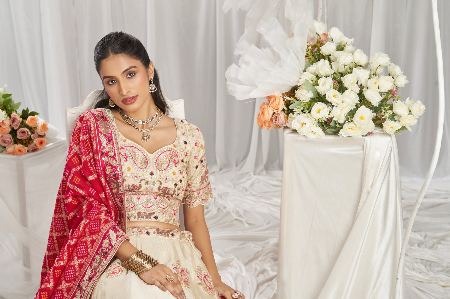 Cream Golden Tissue Lehenga with Gotapatti &amp; Sequins Embroidery