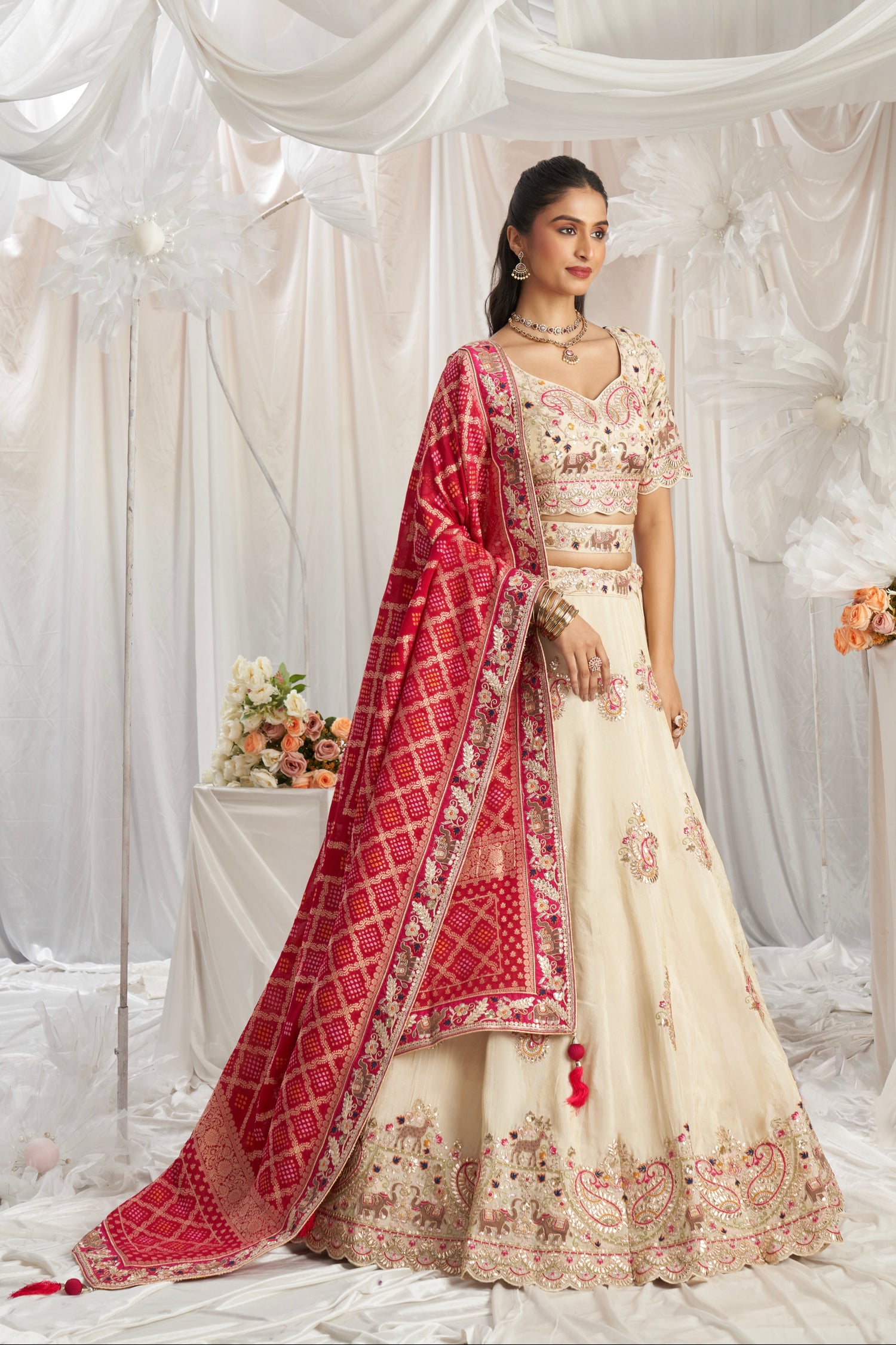 Cream Golden Tissue Lehenga with Gotapatti &amp; Sequins Embroidery