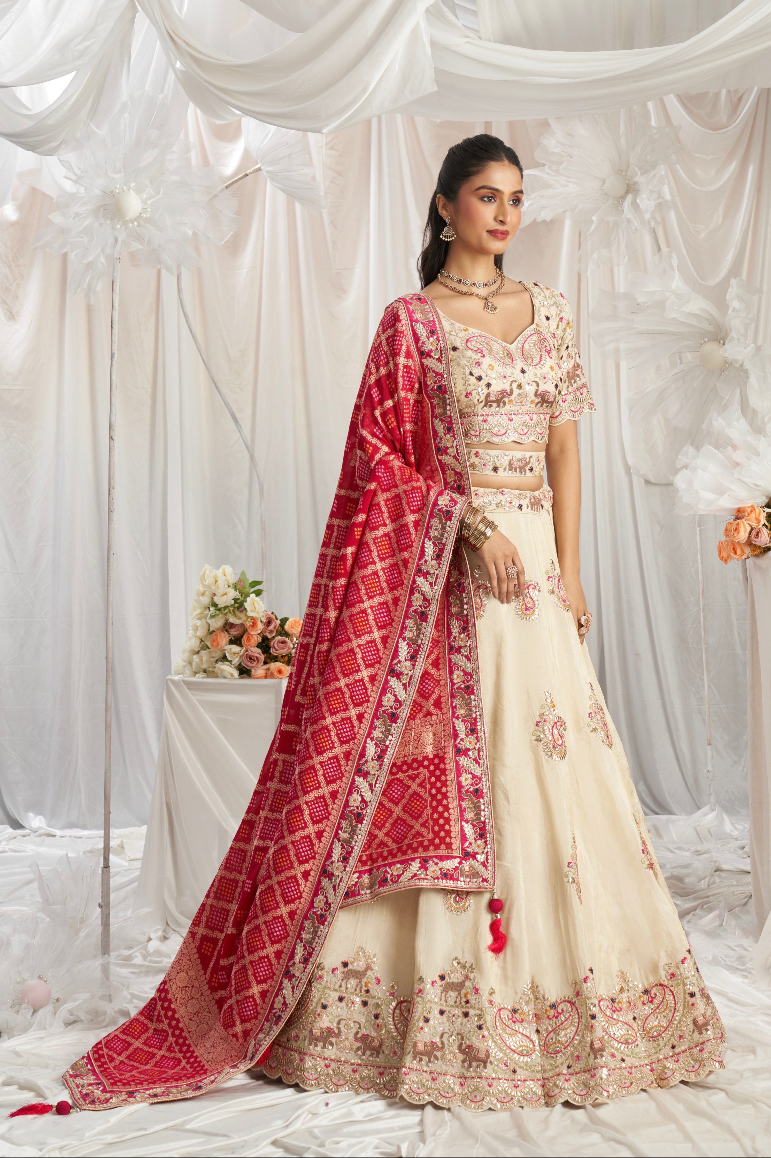 Cream Golden Tissue Lehenga with Gotapatti &amp; Sequins Embroidery