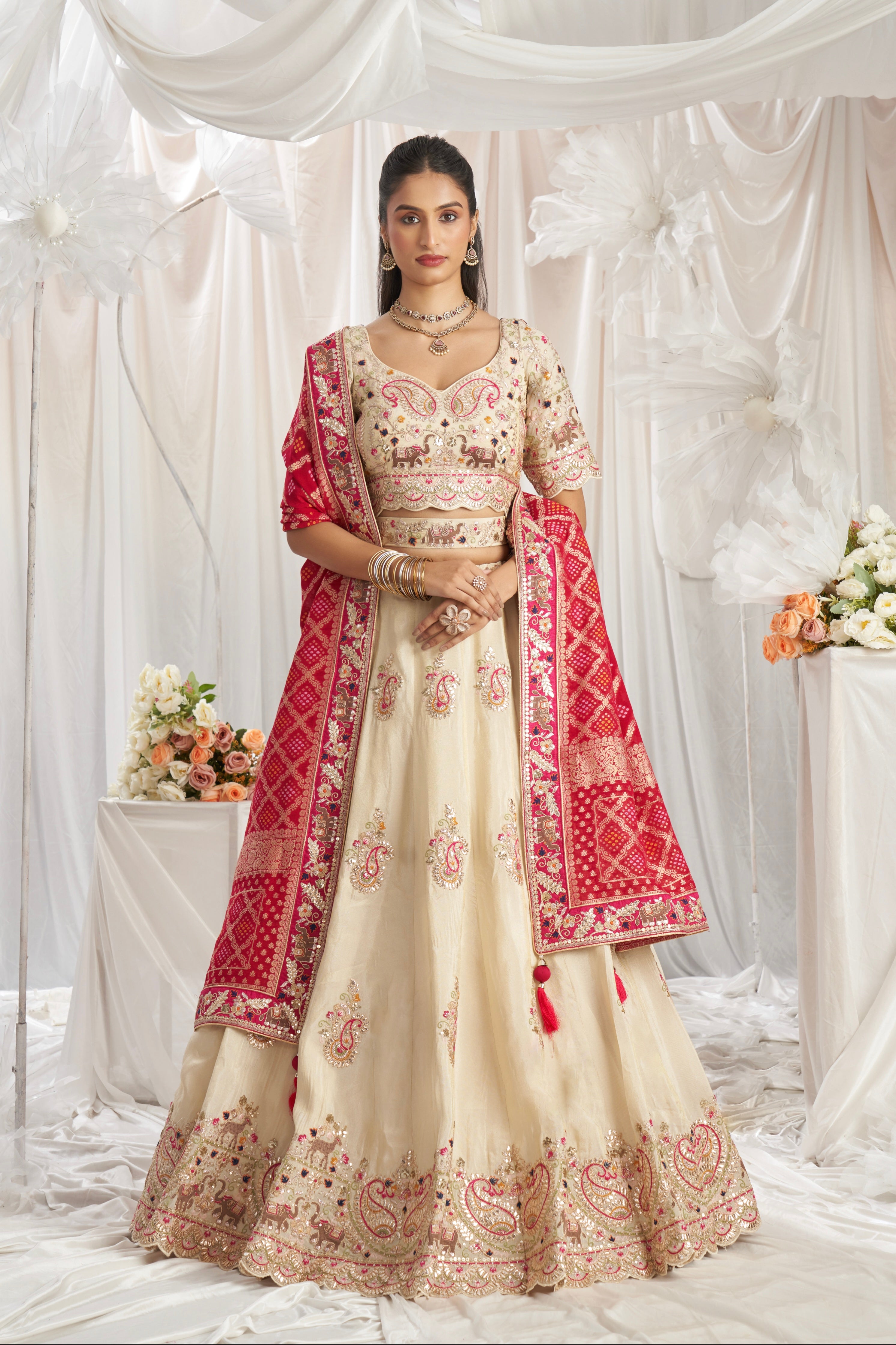 Cream Golden Tissue Lehenga with Gotapatti &amp; Sequins Embroidery