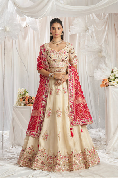 Cream Golden Tissue Lehenga with Gotapatti &amp; Sequins Embroidery