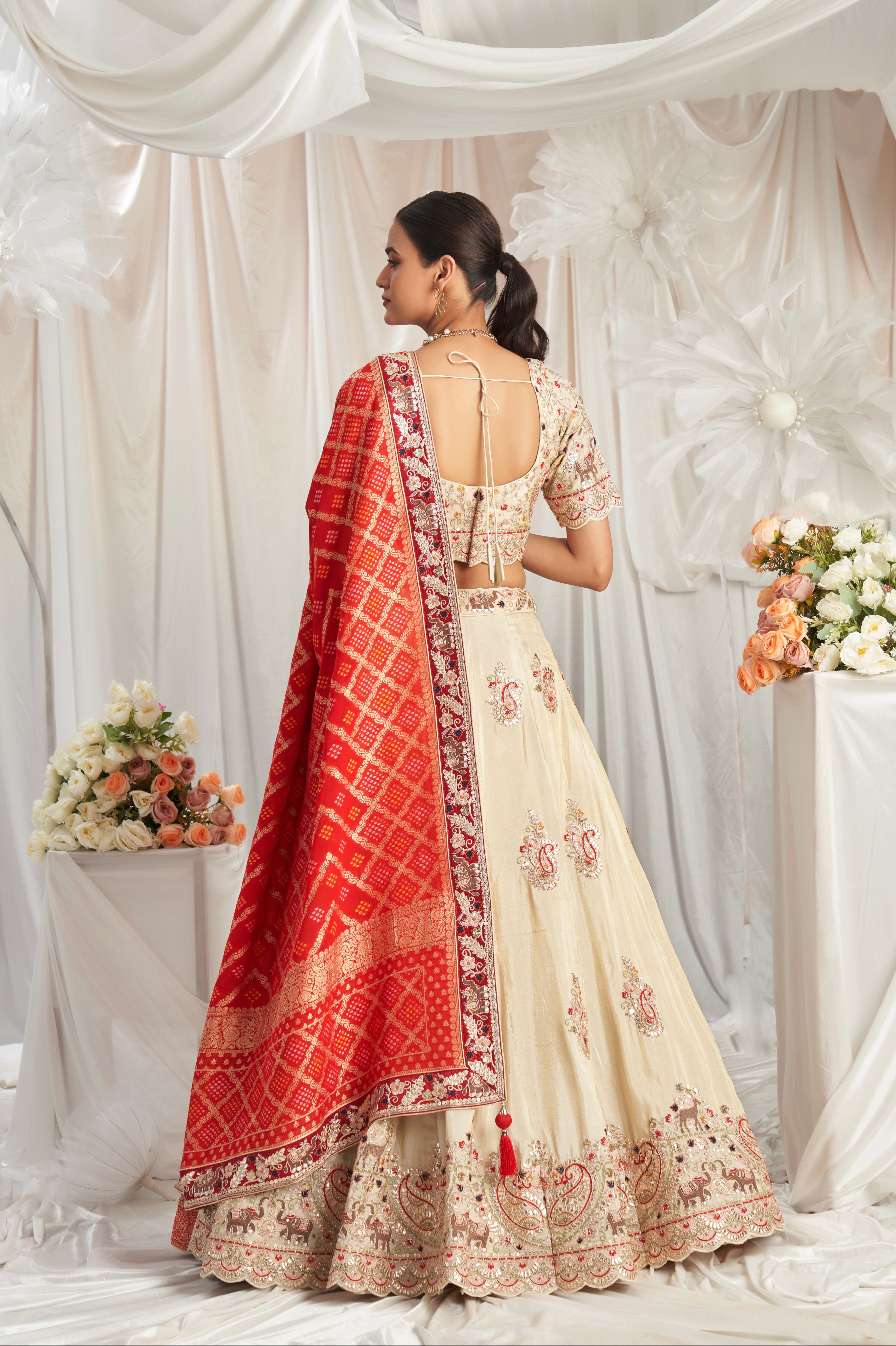 Cream Golden Tissue Lehenga with Gotapatti &amp; Red Jacquard Silk Dupatta