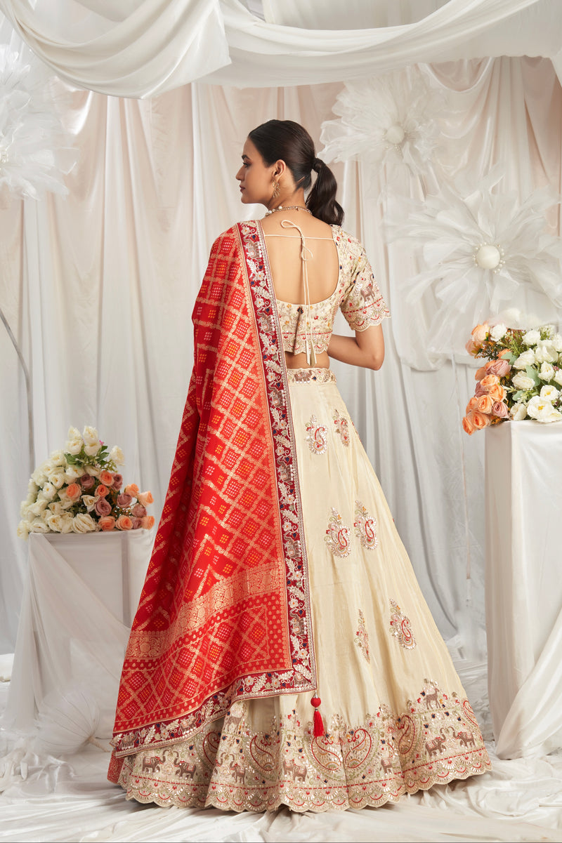 Cream Golden Tissue Lehenga with Gotapatti & Red Jacquard Silk Dupatta