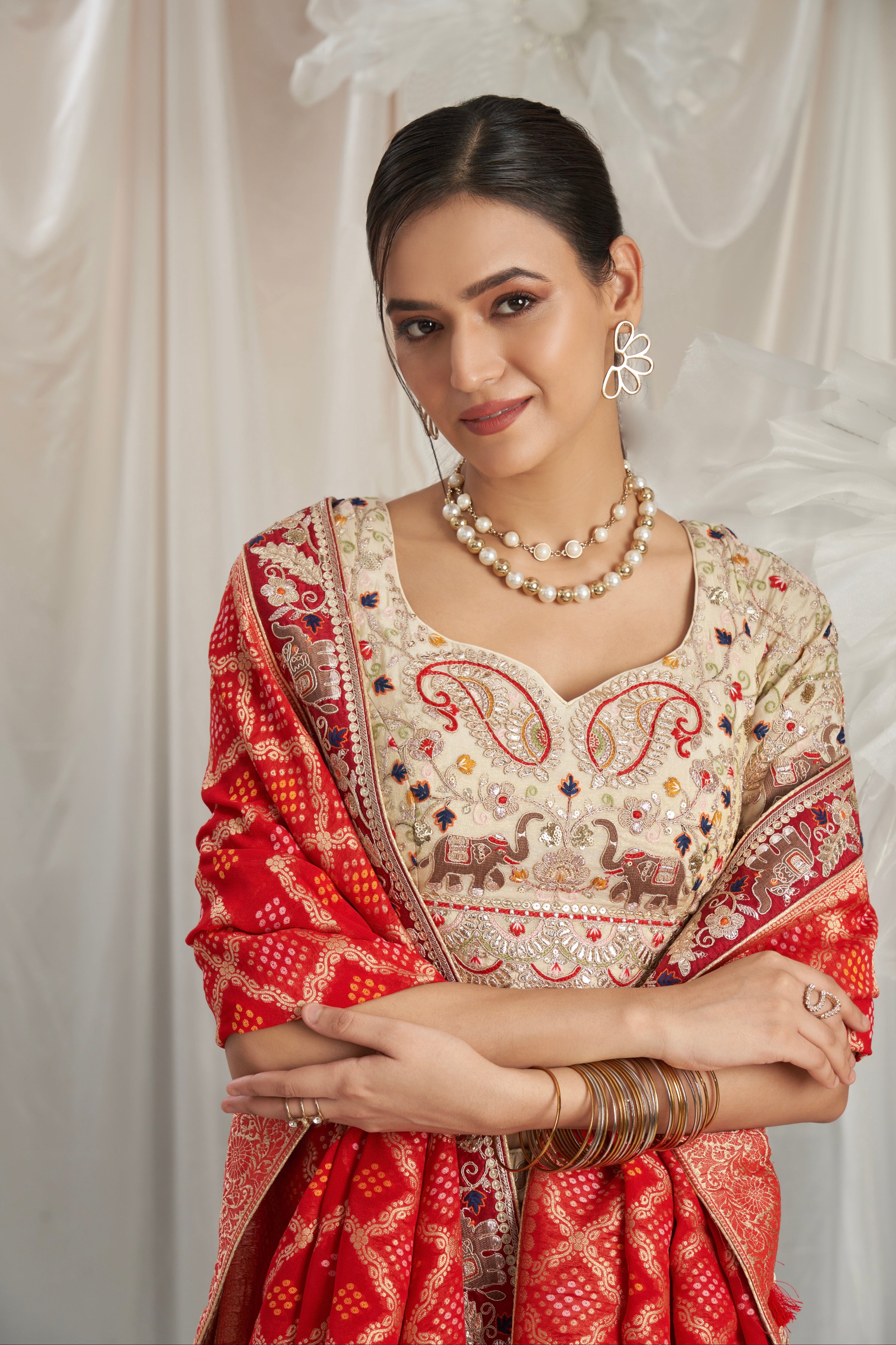 Cream Golden Tissue Lehenga with Gotapatti &amp; Red Jacquard Silk Dupatta