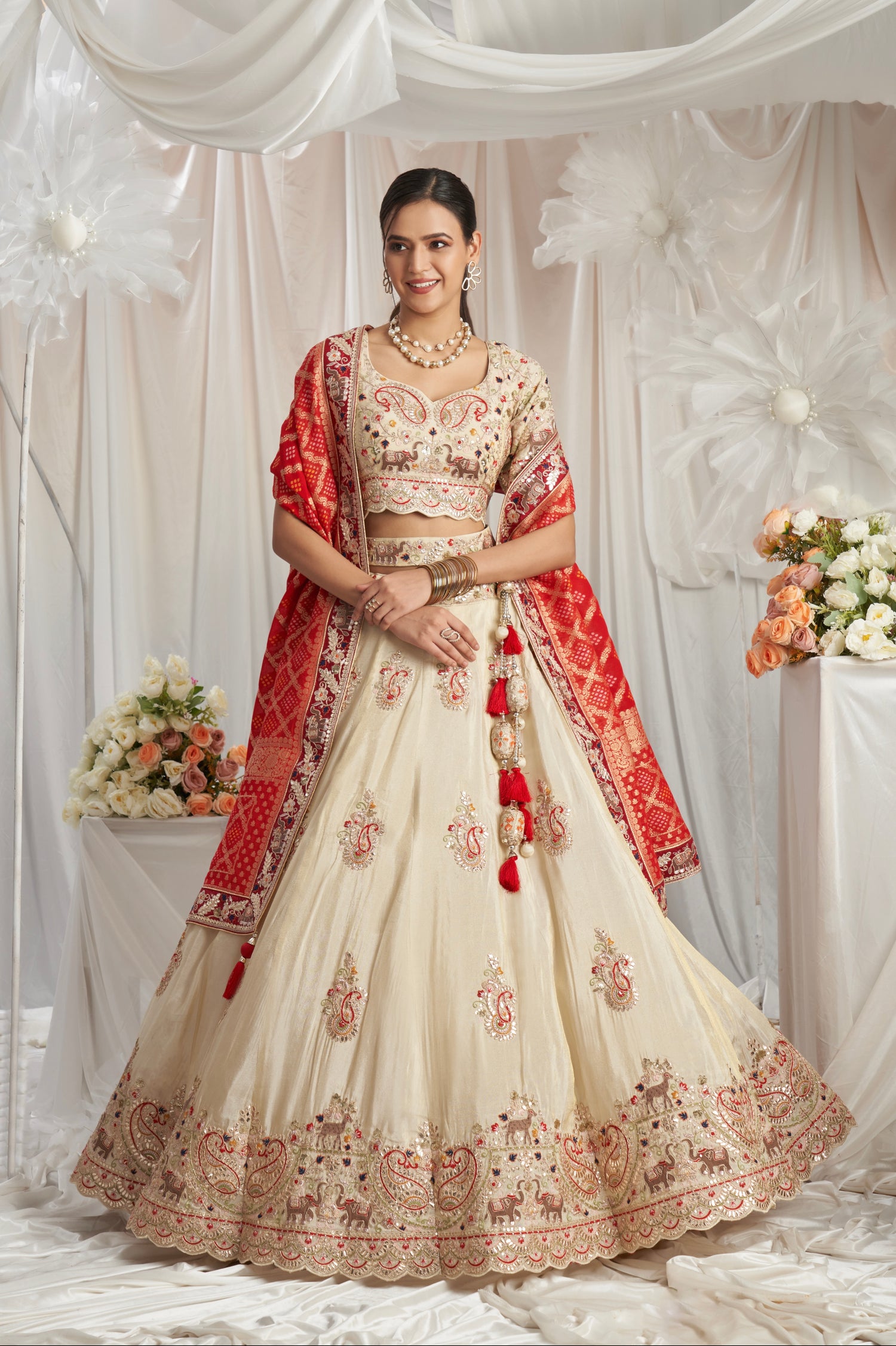 Cream Golden Tissue Lehenga with Gotapatti & Red Jacquard Silk Dupatta | Buy Online at Anant Exports Cream Golden Tissue Lehenga with Gotapatti & Red Jacquard Silk Dupatta | Buy Online at Anant Exports
