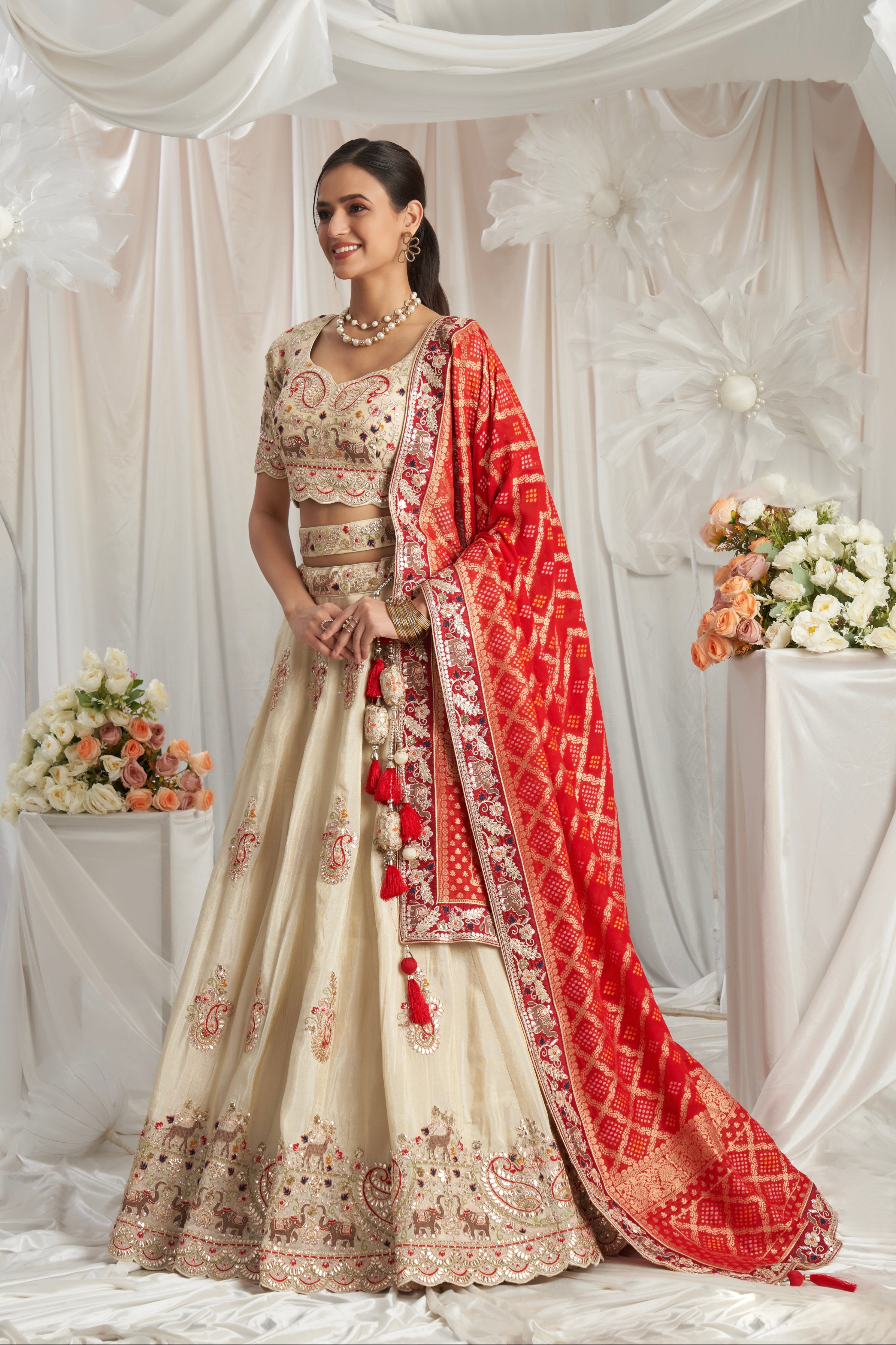 Cream Golden Tissue Lehenga with Gotapatti &amp; Red Jacquard Silk Dupatta