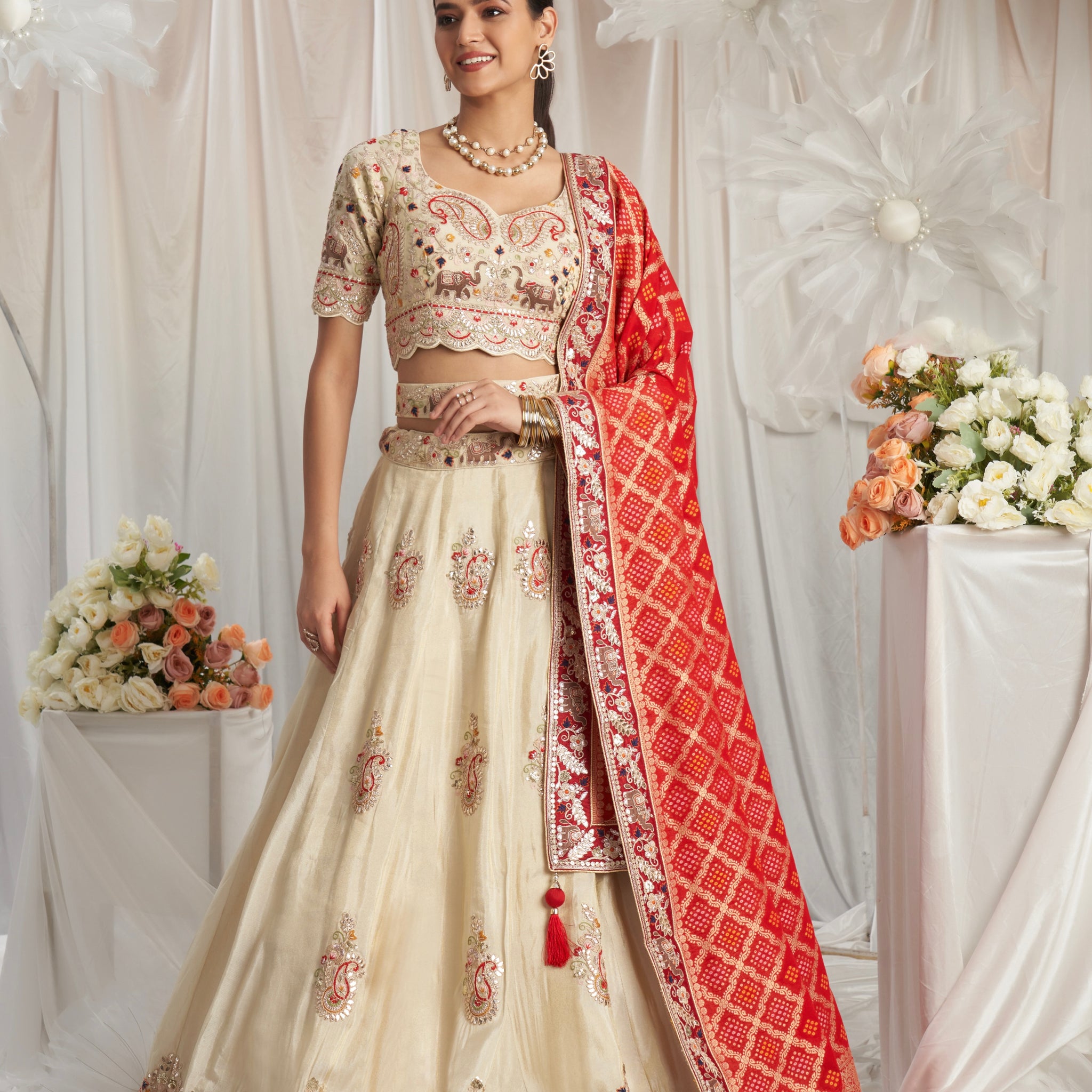 Cream Golden Tissue Lehenga with Gotapatti & Red Jacquard Silk Dupatta