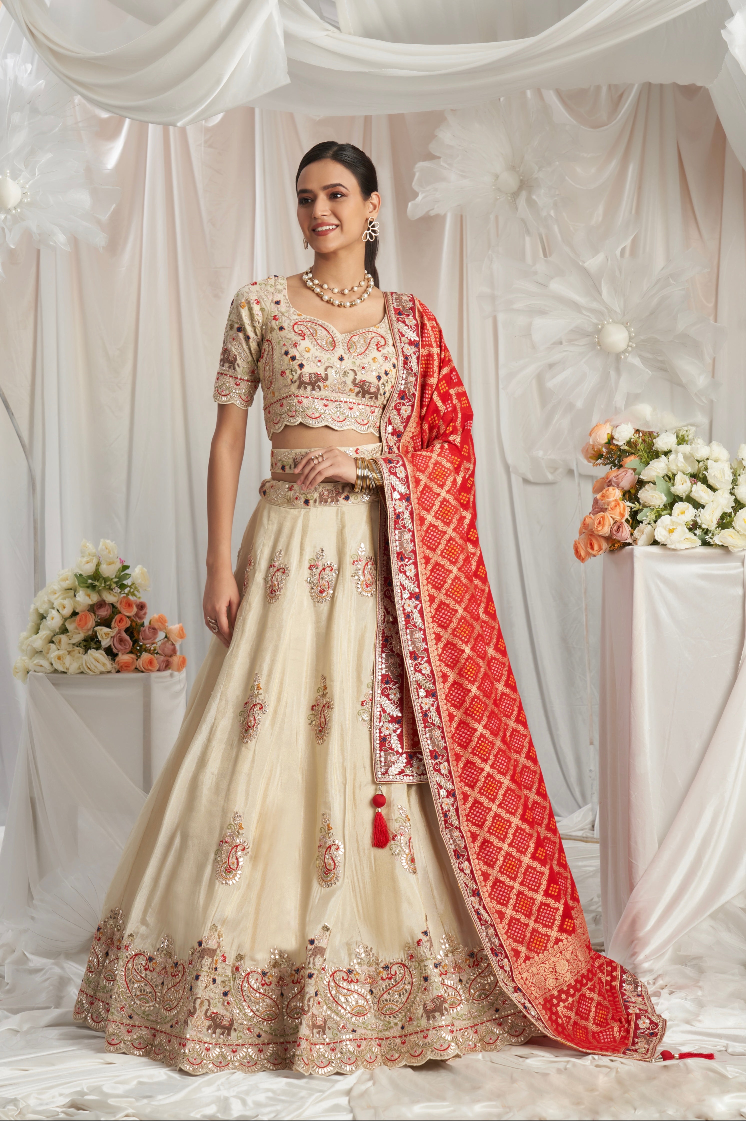 Cream Golden Tissue Lehenga with Gotapatti &amp; Red Jacquard Silk Dupatta