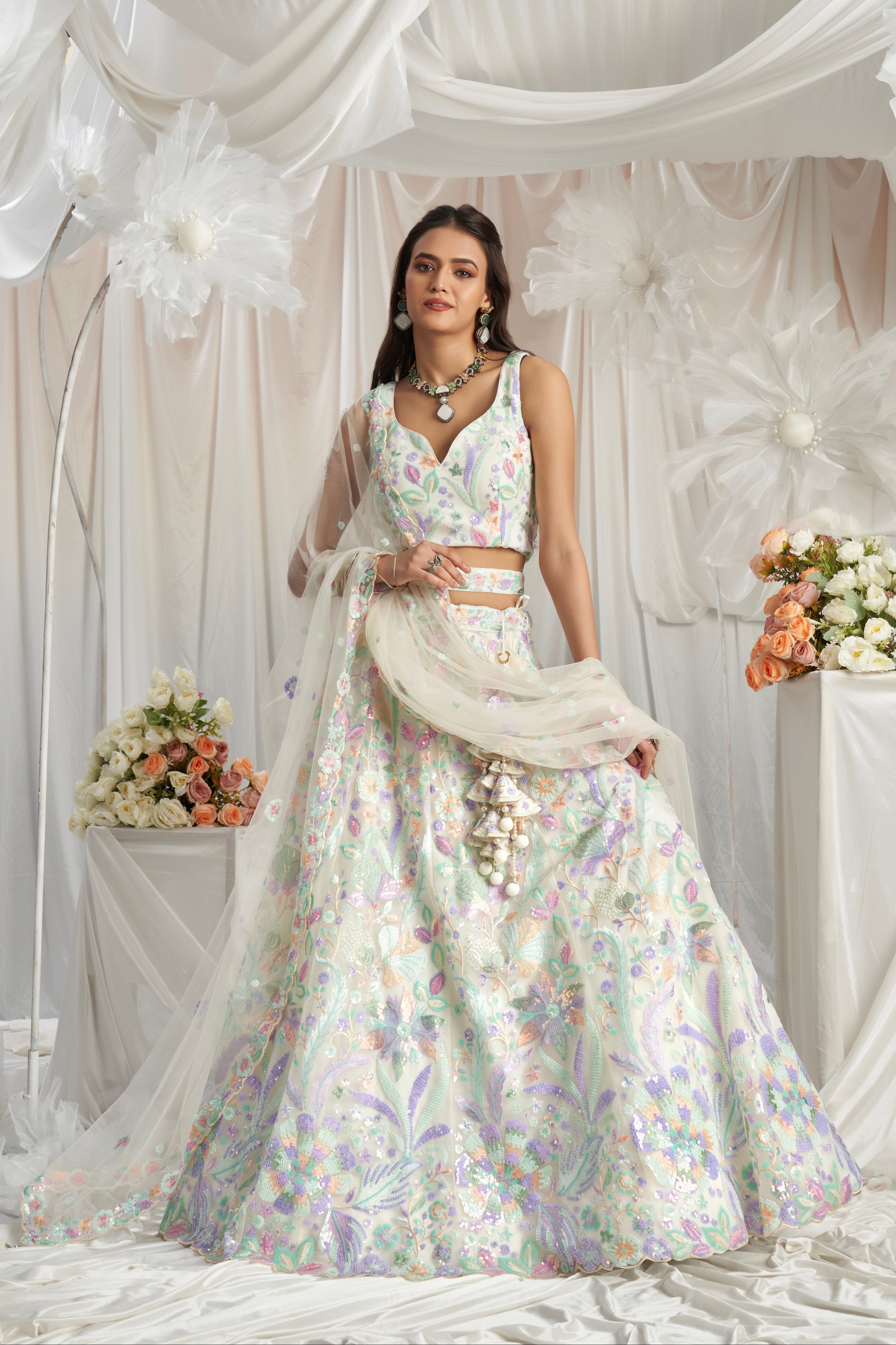 Cream Net Lehenga with Multi-Color Sequins &amp; Embroidered Dupatta