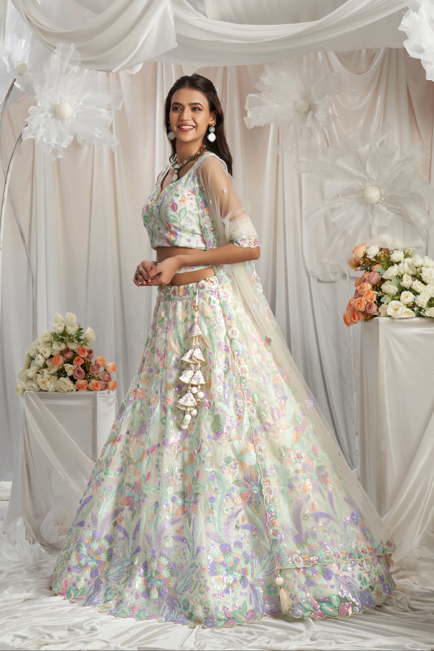 Cream Net Lehenga with Multi-Color Sequins &amp; Embroidered Dupatta