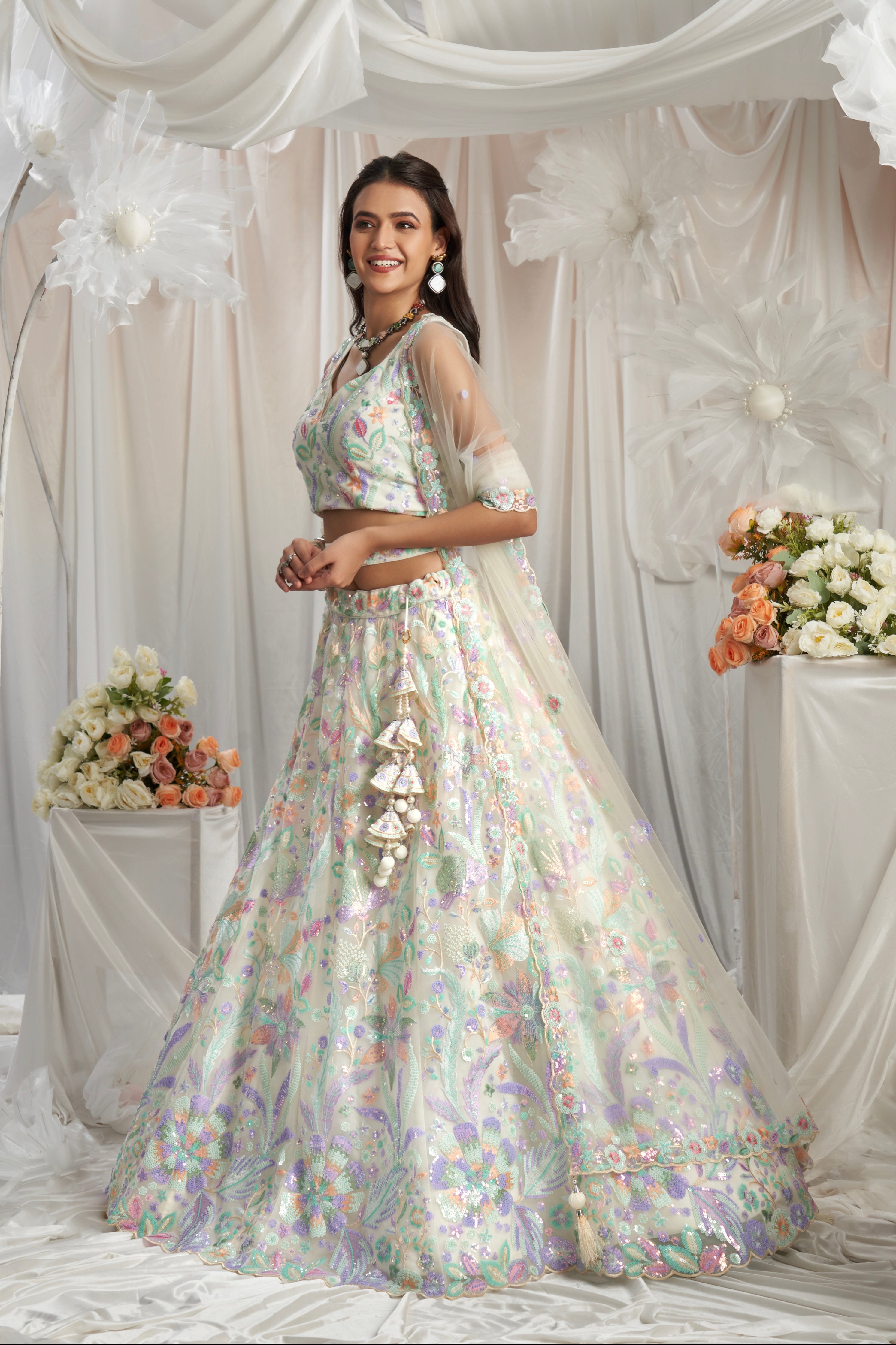 Cream Net Lehenga with Multi-Color Sequins &amp; Embroidered Dupatta