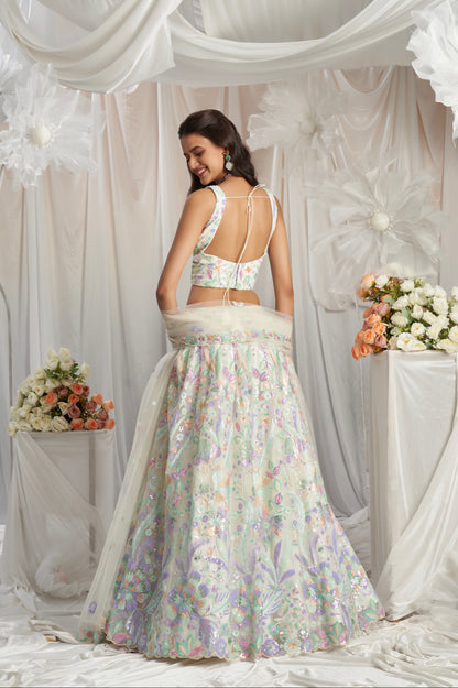 Cream Net Lehenga with Multi-Color Sequins &amp; Embroidered Dupatta