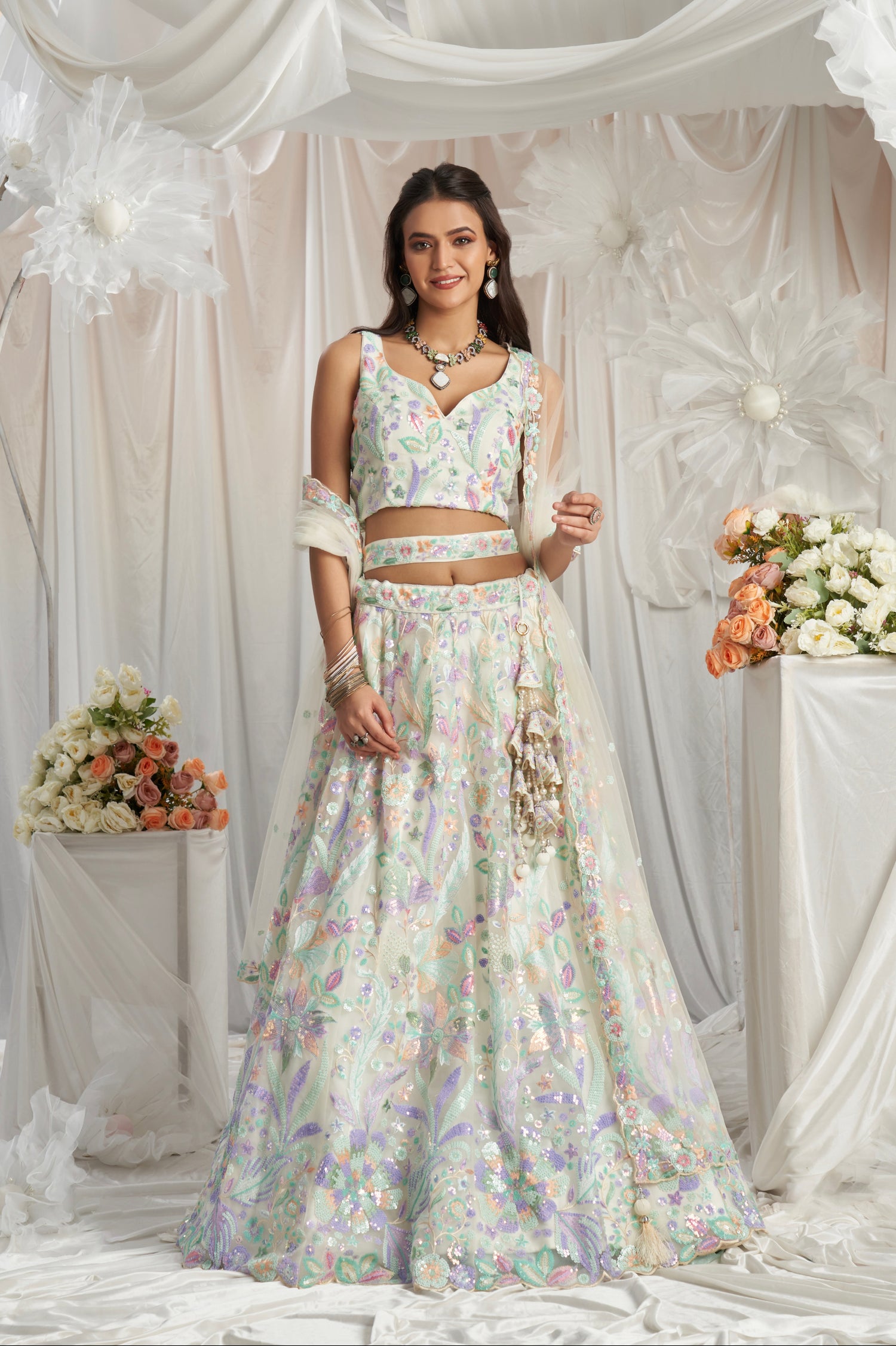 Cream Net Lehenga with Multi-Color Sequins &amp; Embroidered Dupatta