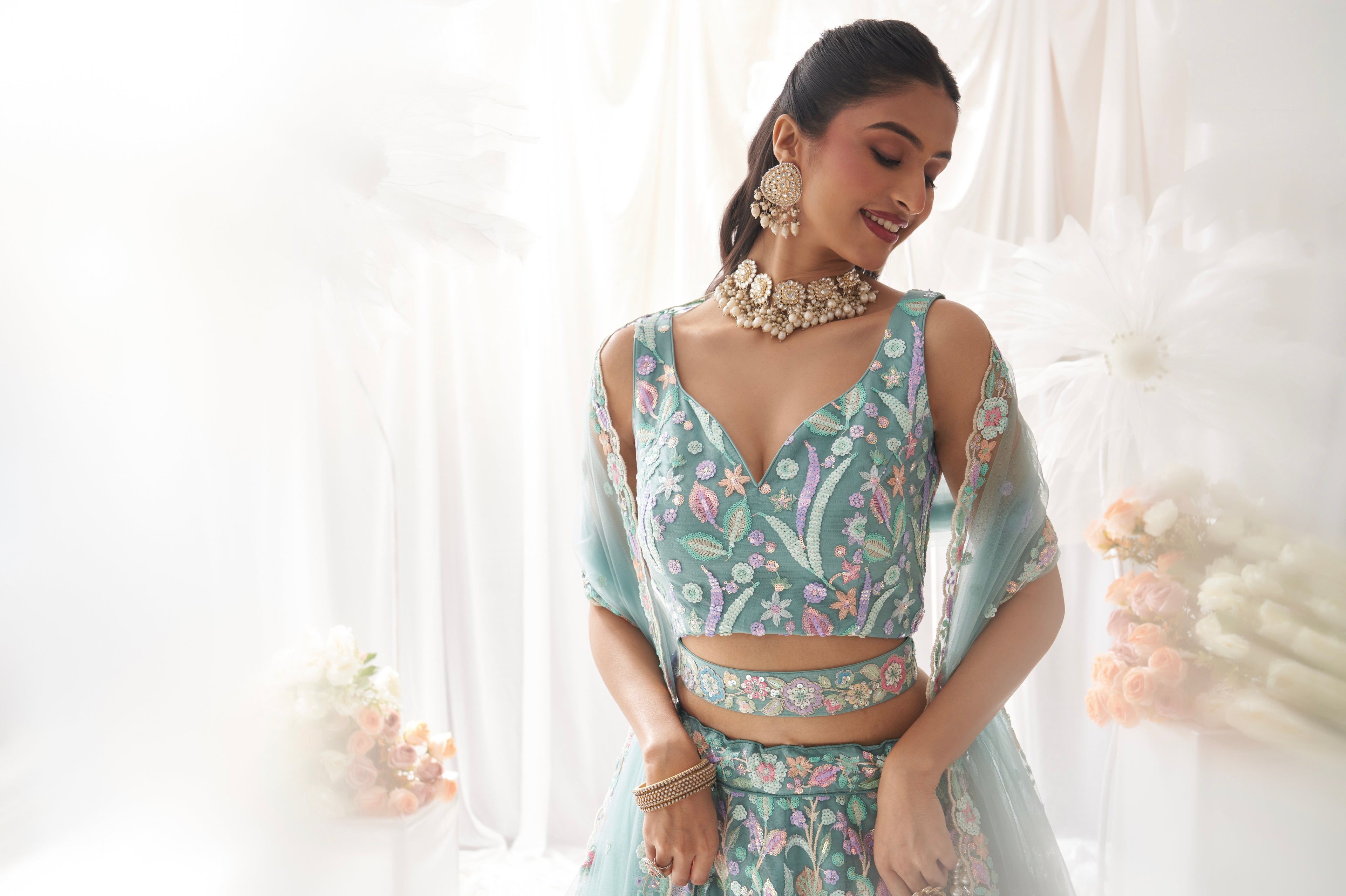 Lime Green Net Lehenga with Multi-Color Sequins &amp; Embroidered Dupatta