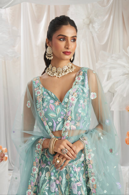 Lime Green Net Lehenga with Multi-Color Sequins &amp; Embroidered Dupatta