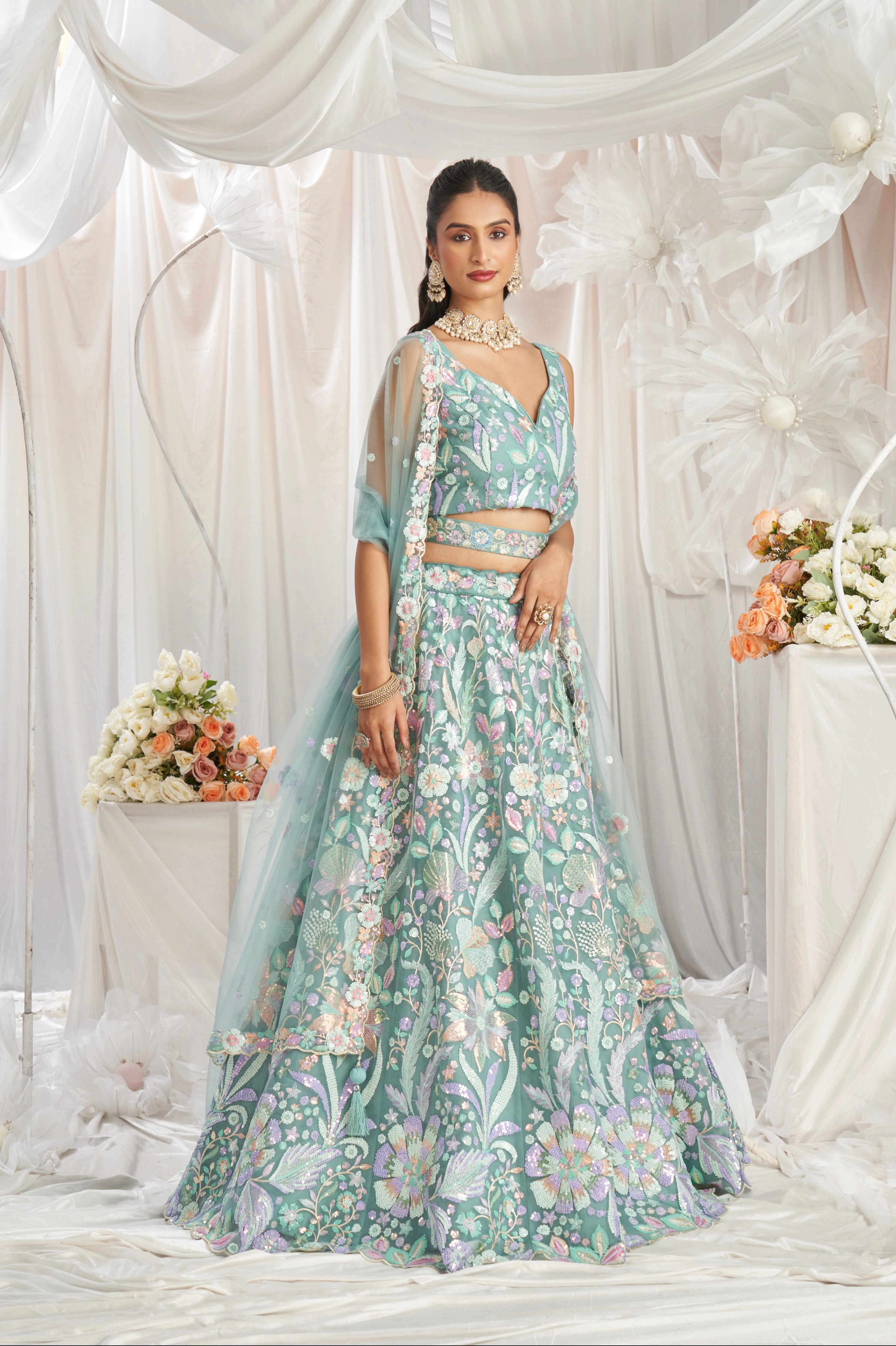 Lime Green Net Lehenga with Multi-Color Sequins &amp; Embroidered Dupatta