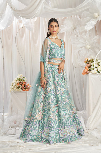 Lime Green Net Lehenga with Multi-Color Sequins &amp; Embroidered Dupatta