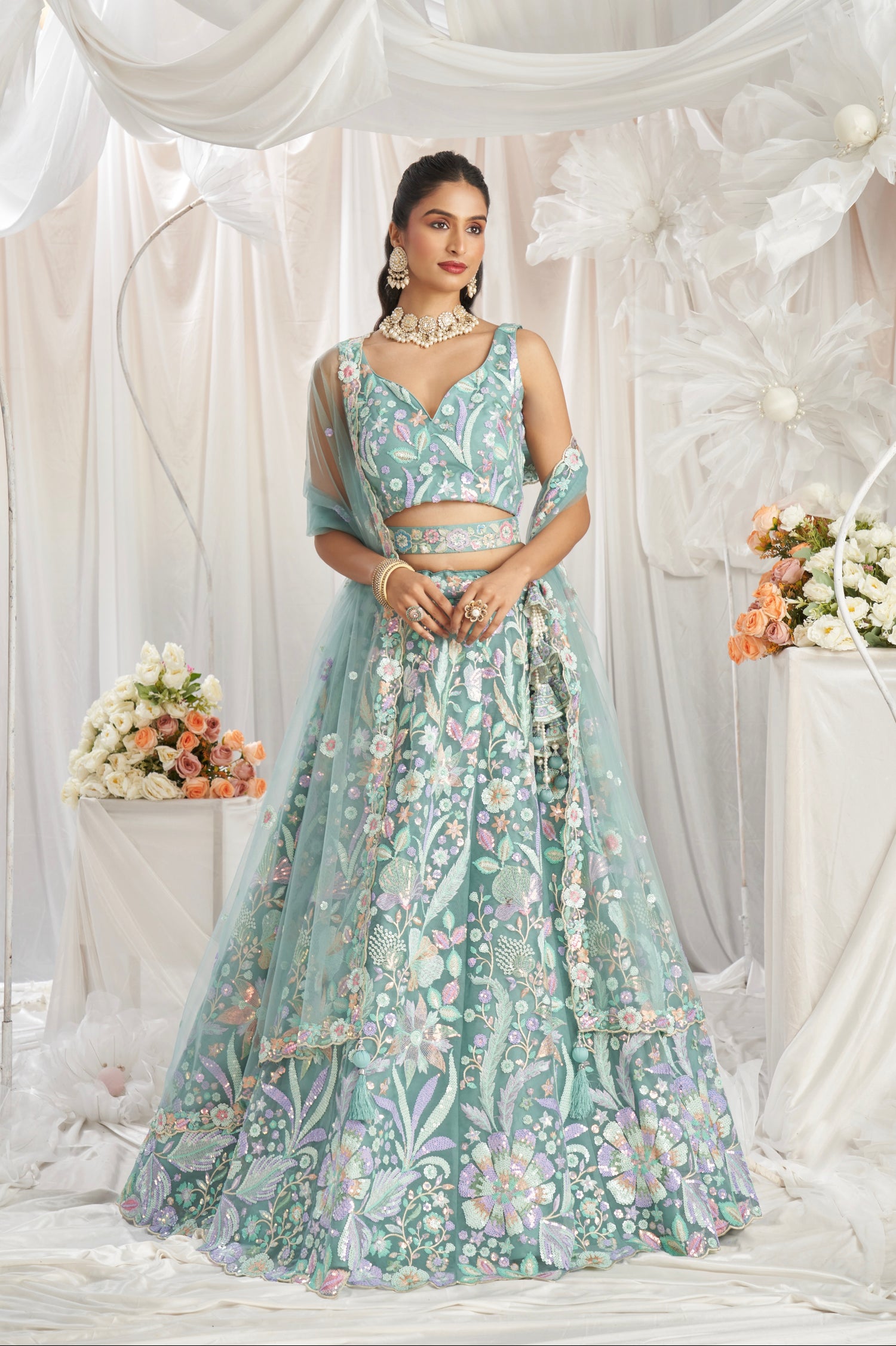 Lime Green Net Lehenga with Multi-Color Sequins &amp; Embroidered Dupatta