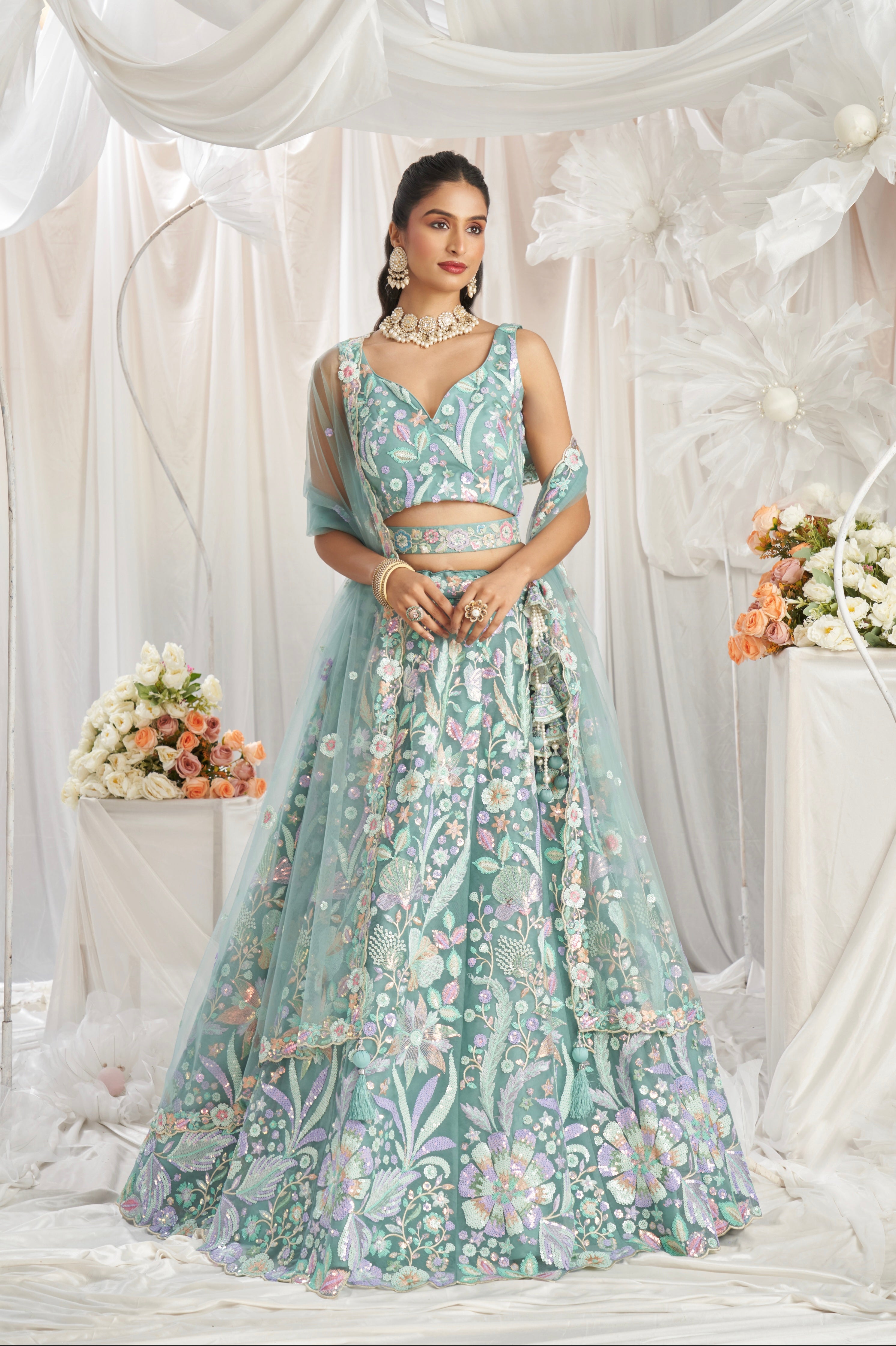 Lime Green Net Lehenga with Multi-Color Sequins &amp; Embroidered Dupatta