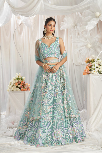 Lime Green Net Lehenga with Multi-Color Sequins &amp; Embroidered Dupatta