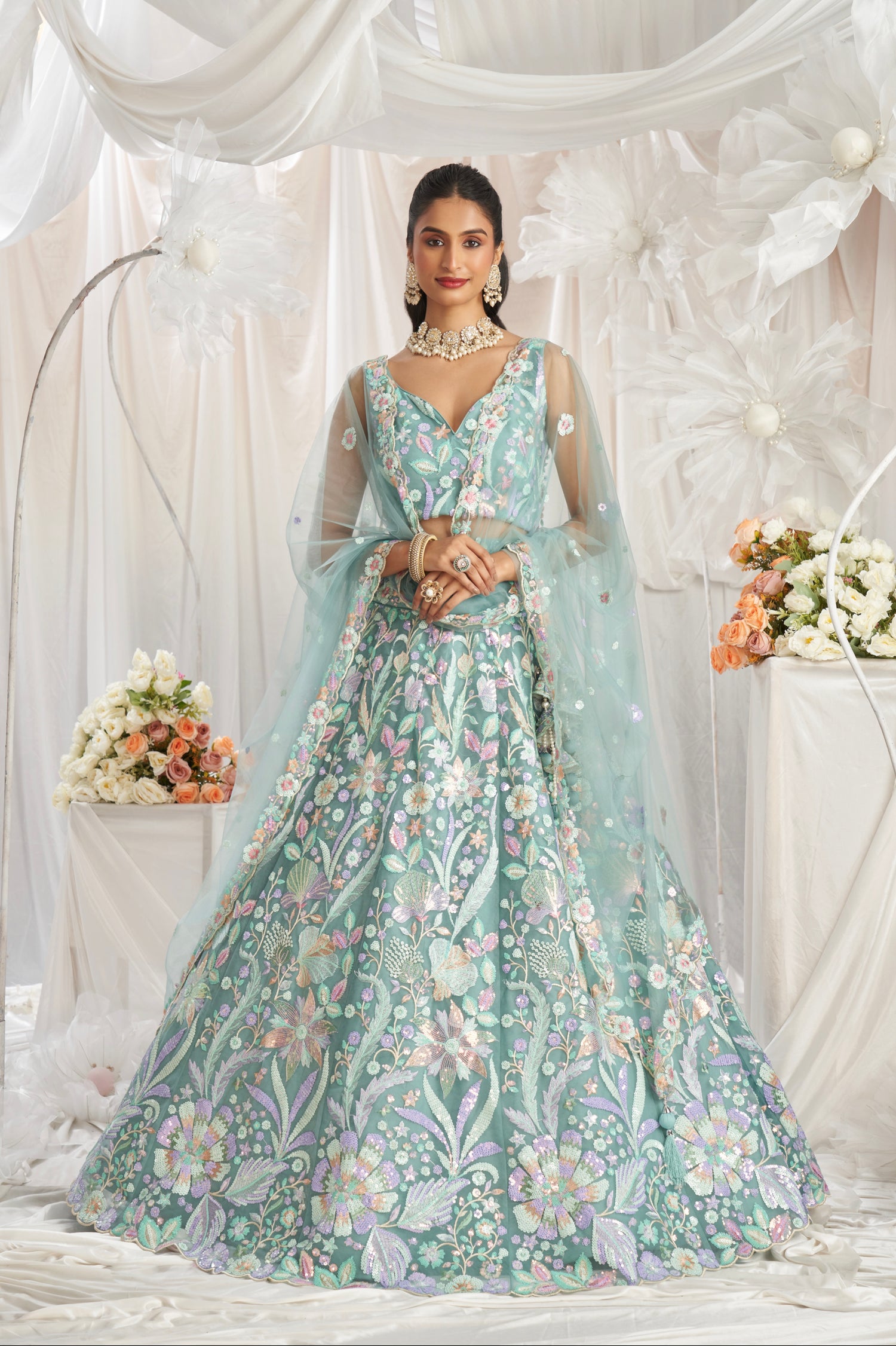 Lime Green Net Lehenga with Multi-Color Sequins &amp; Embroidered Dupatta