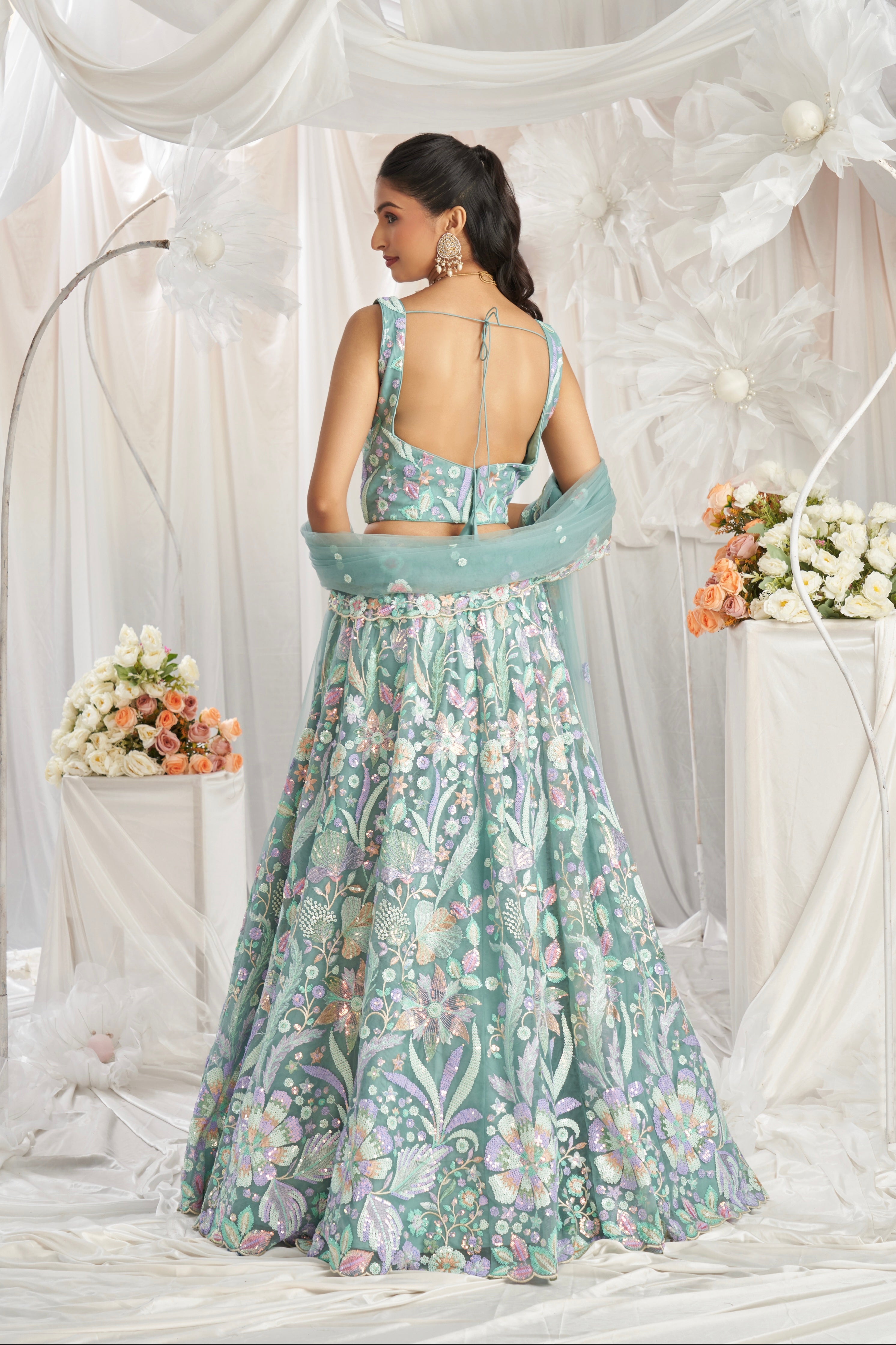 Lime Green Net Lehenga with Multi-Color Sequins &amp; Embroidered Dupatta