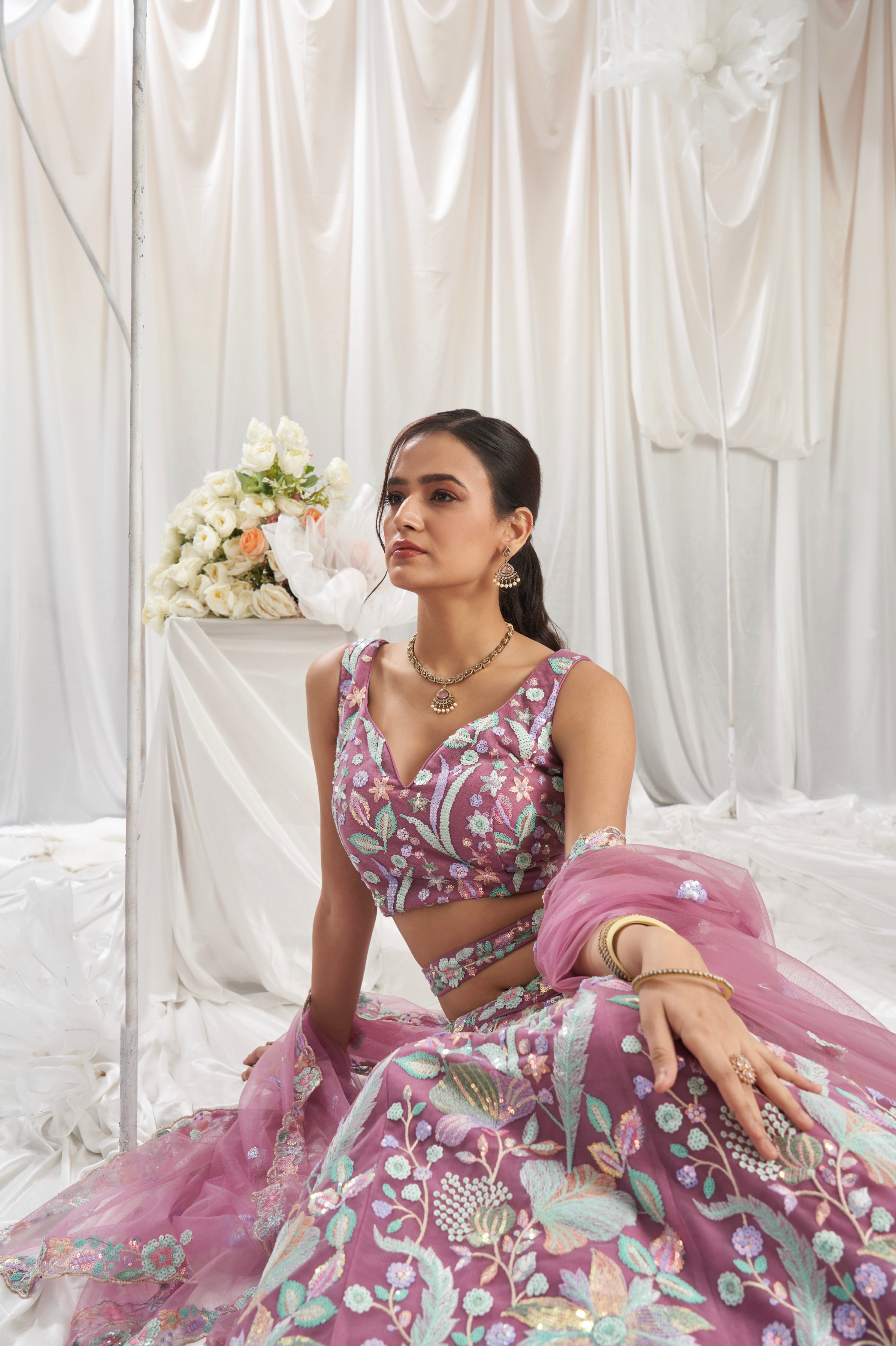 Rose Gold Net Lehenga with Sequins Embroidery