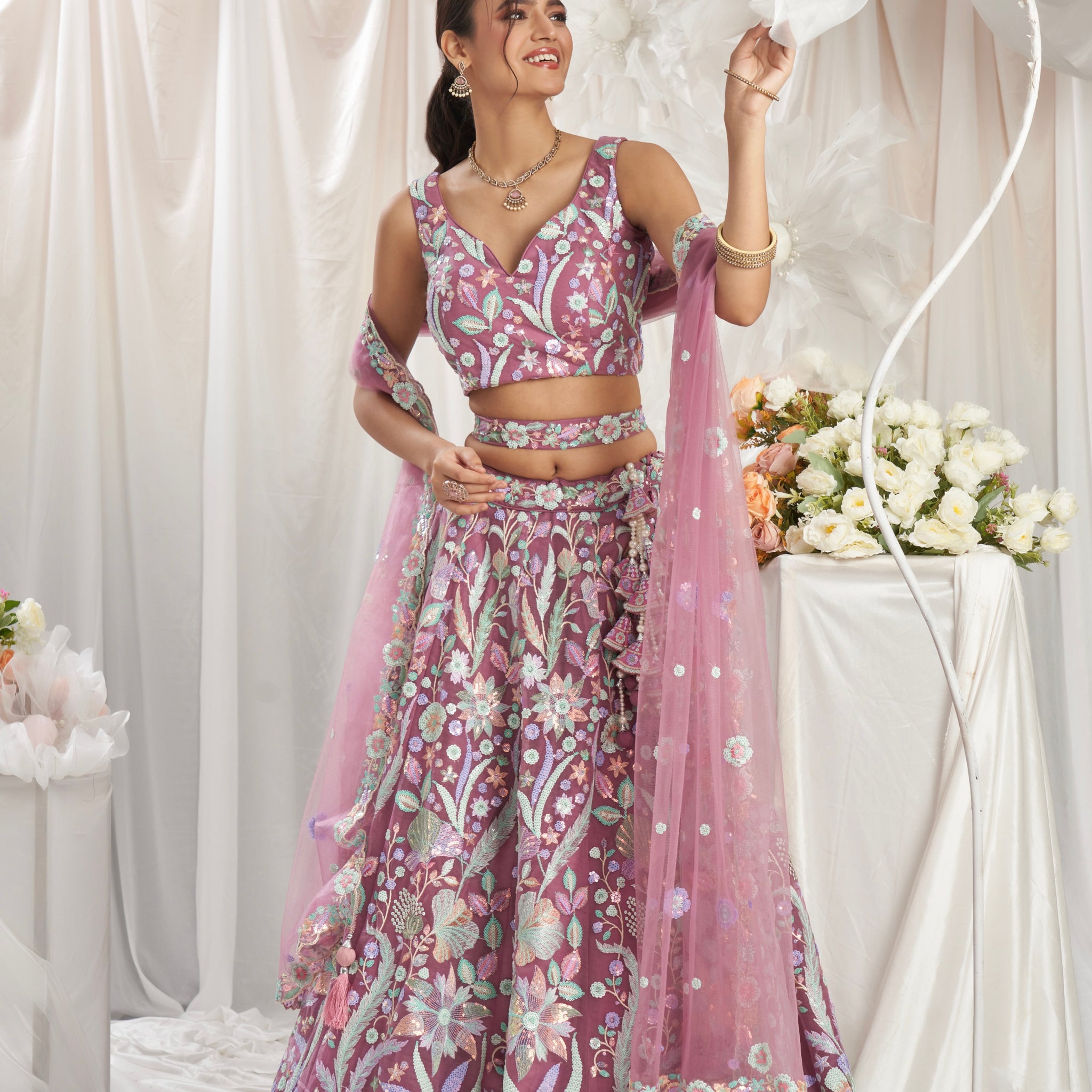 Rose Gold Net Lehenga with Sequins Embroidery