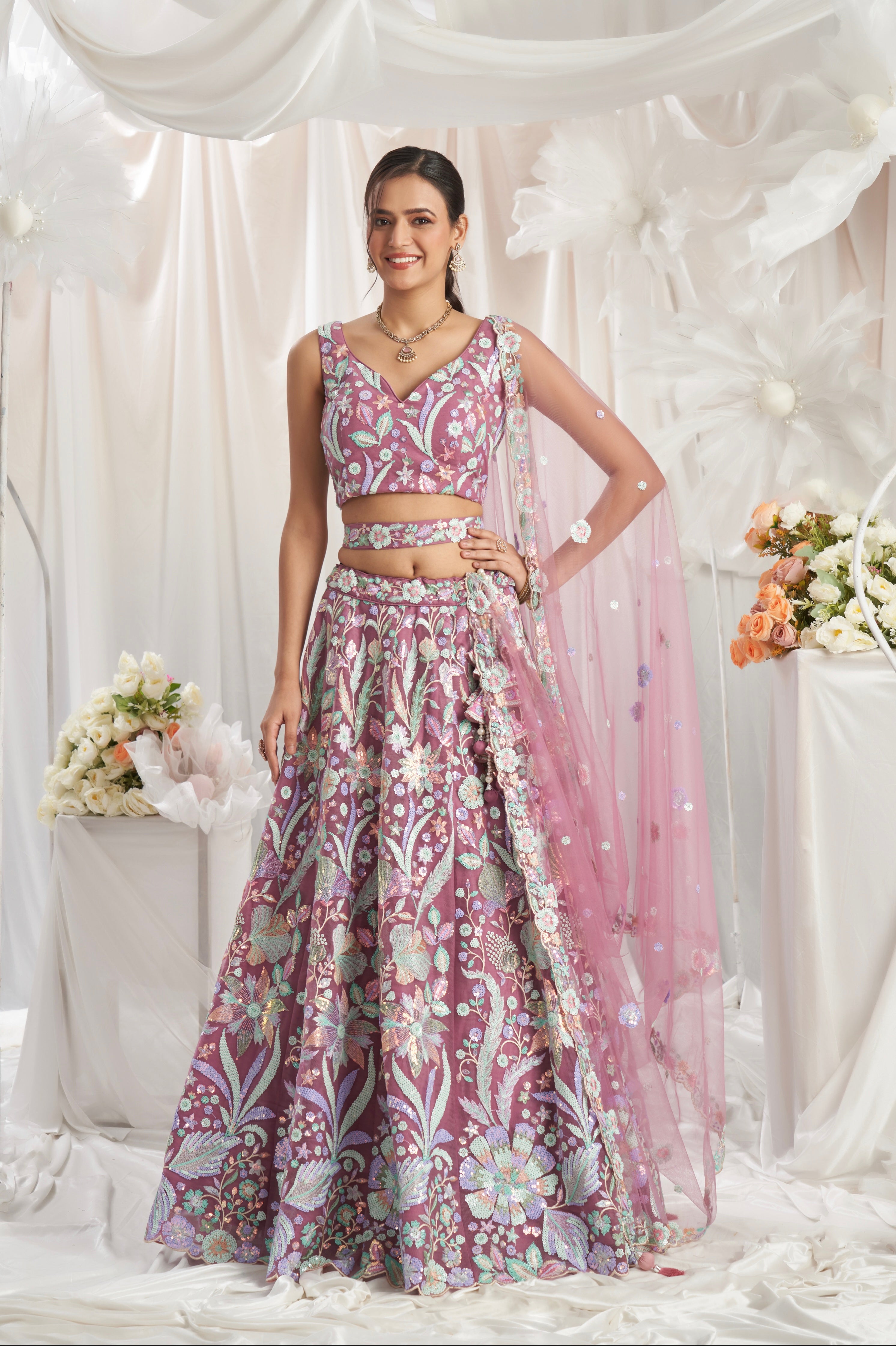 Rose Gold Net Lehenga with Sequins Embroidery