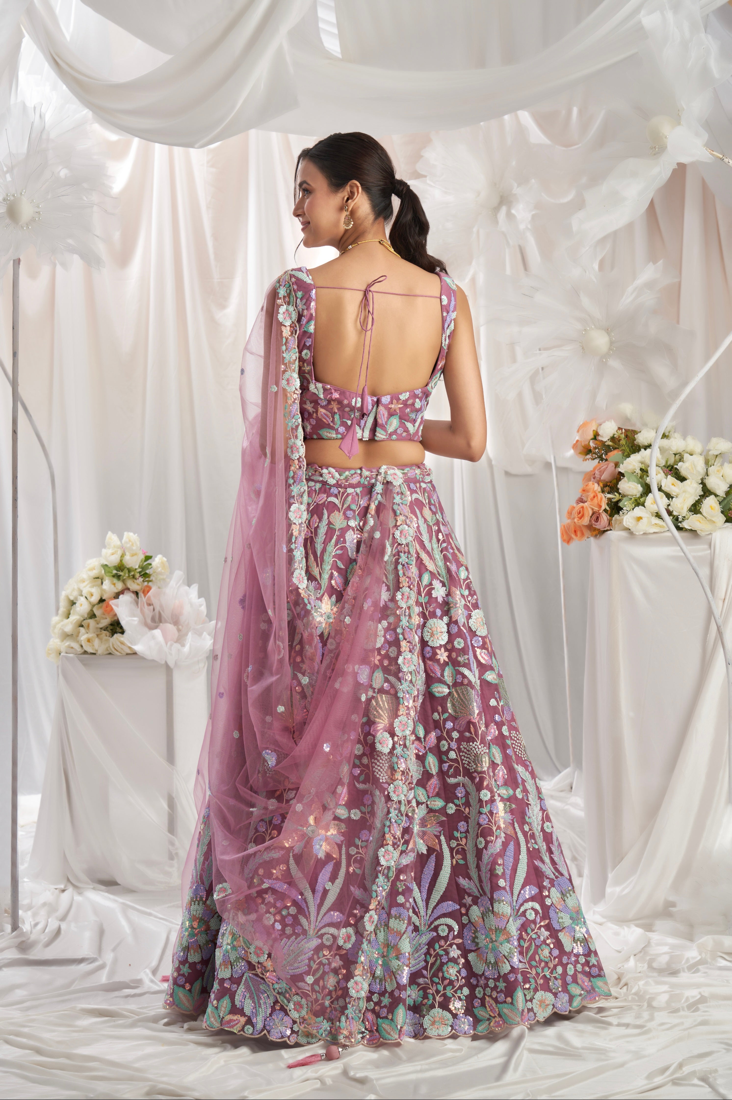 Rose Gold Net Lehenga with Sequins Embroidery