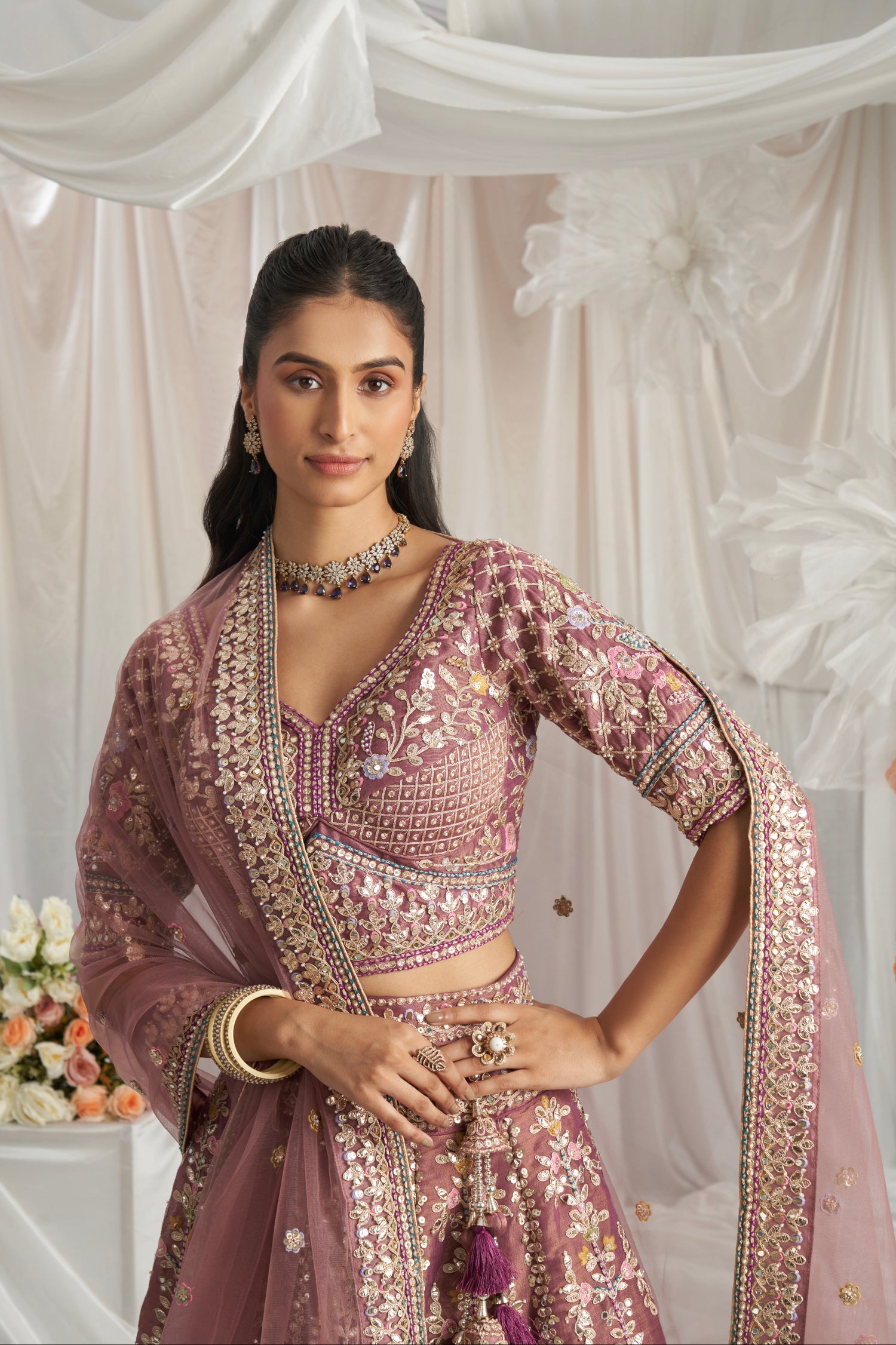 Lavender Gold Bridal Net Lehenga with Gotapatti &amp; Sequins Work