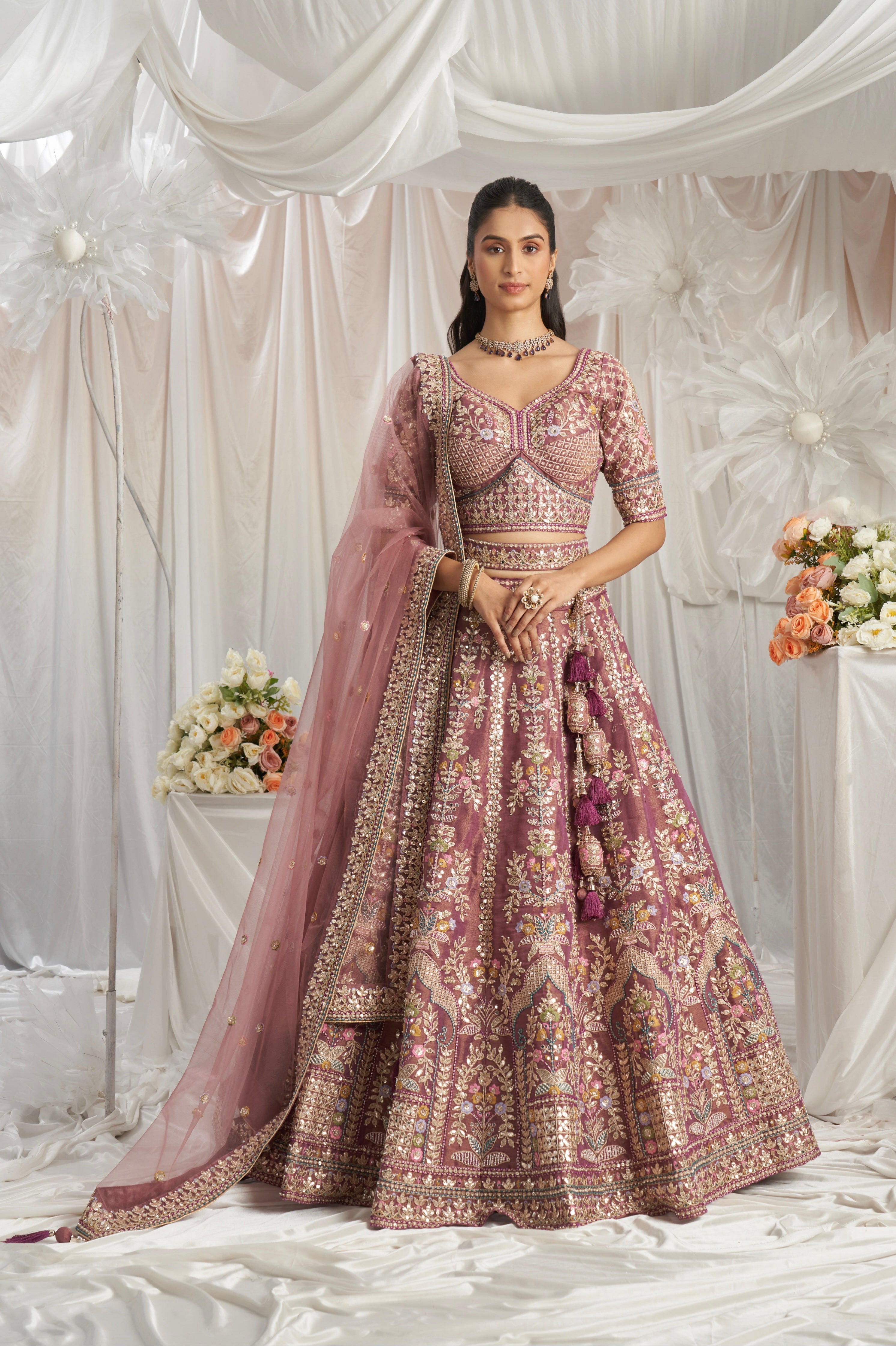 Lavender Gold Bridal Net Lehenga with Gotapatti &amp; Sequins Work